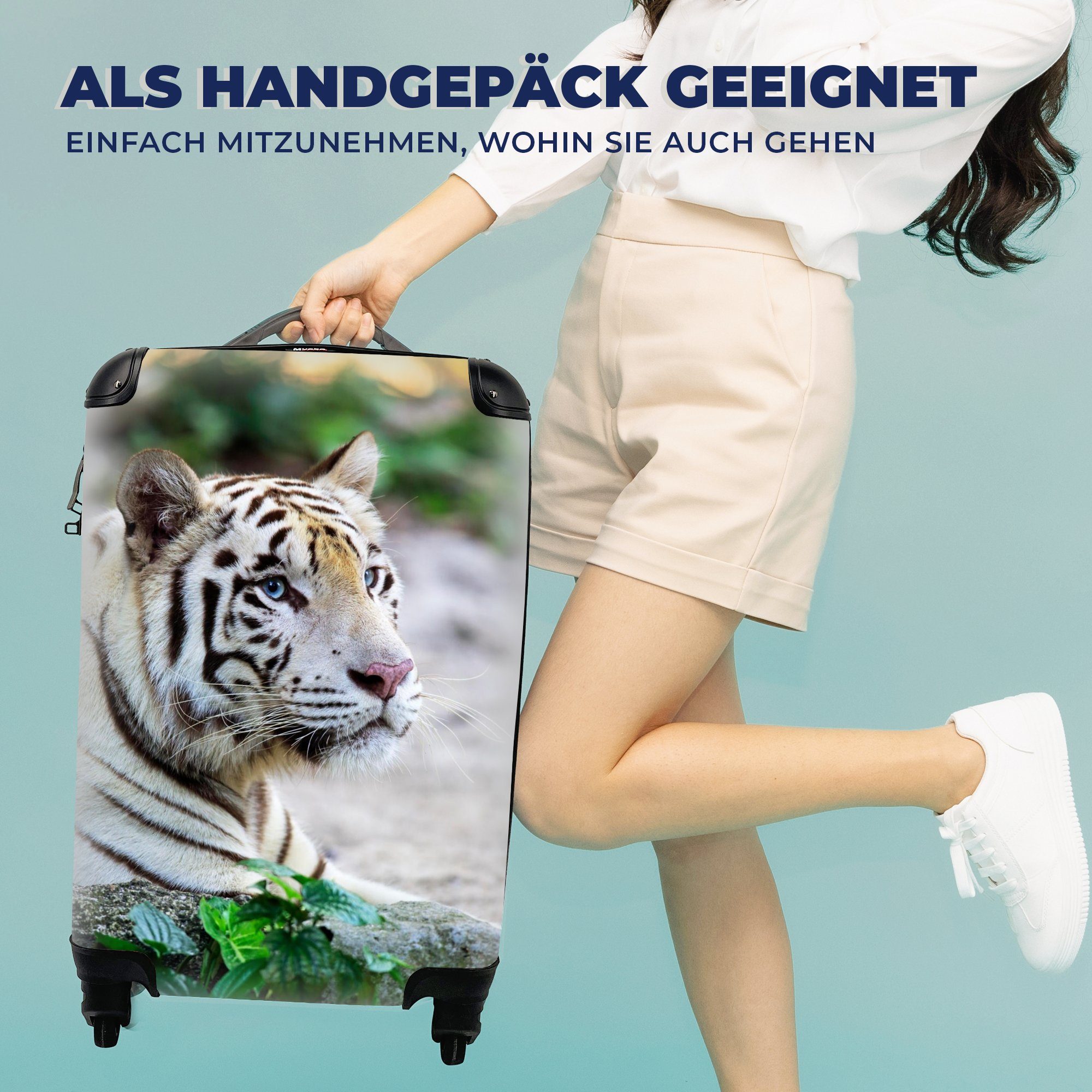 MuchoWow Handgepäckkoffer Tiger - Sand, Rollen, Reisekoffer Handgepäck - Reisetasche mit Trolley, für 4 Weiß rollen, Ferien