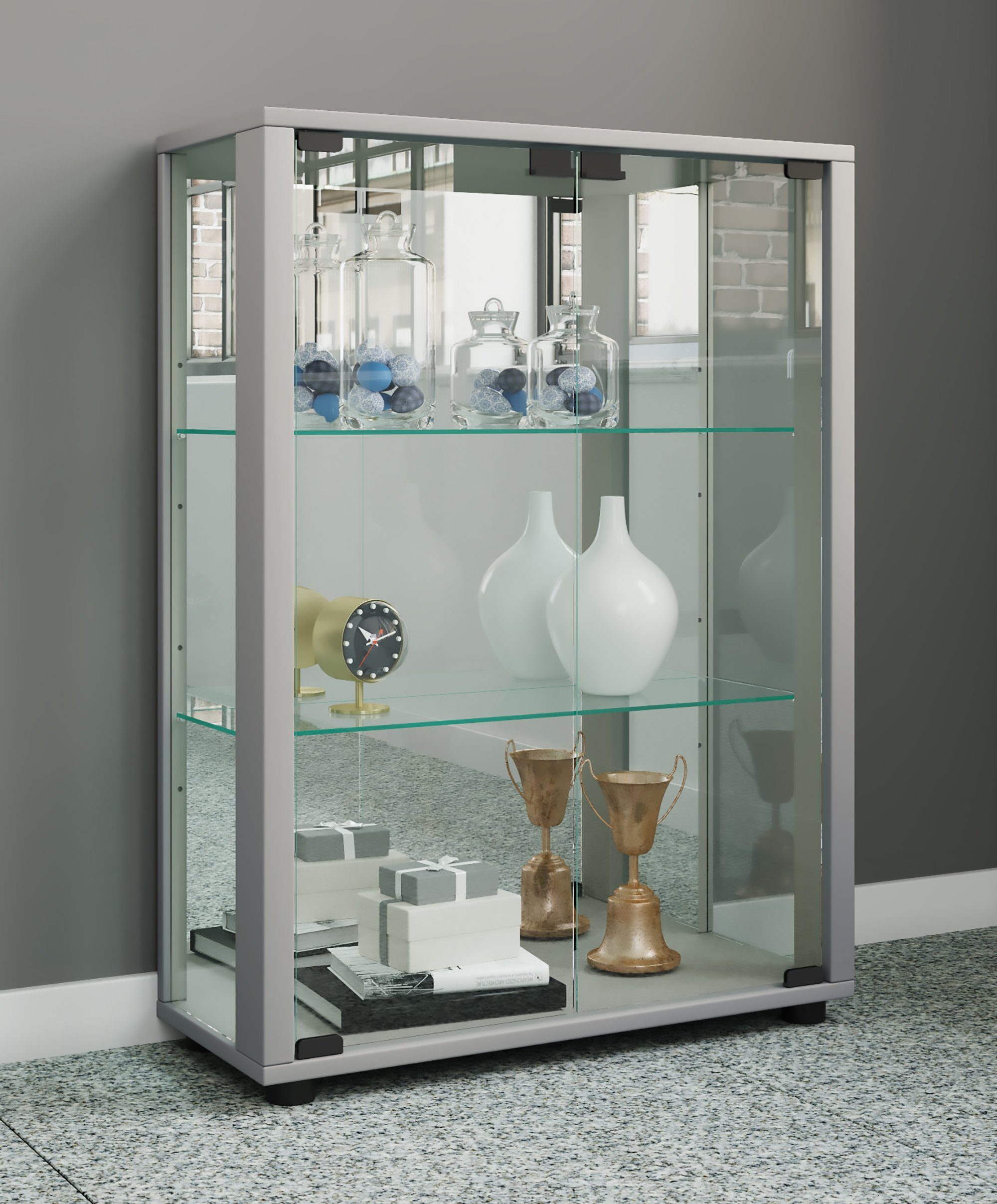VCM Standvitrine Glasvitrine Sintalo mit Glastüren, Spiegel und Glasvitrine stehend, Modern und platzsparend, Glasschrank