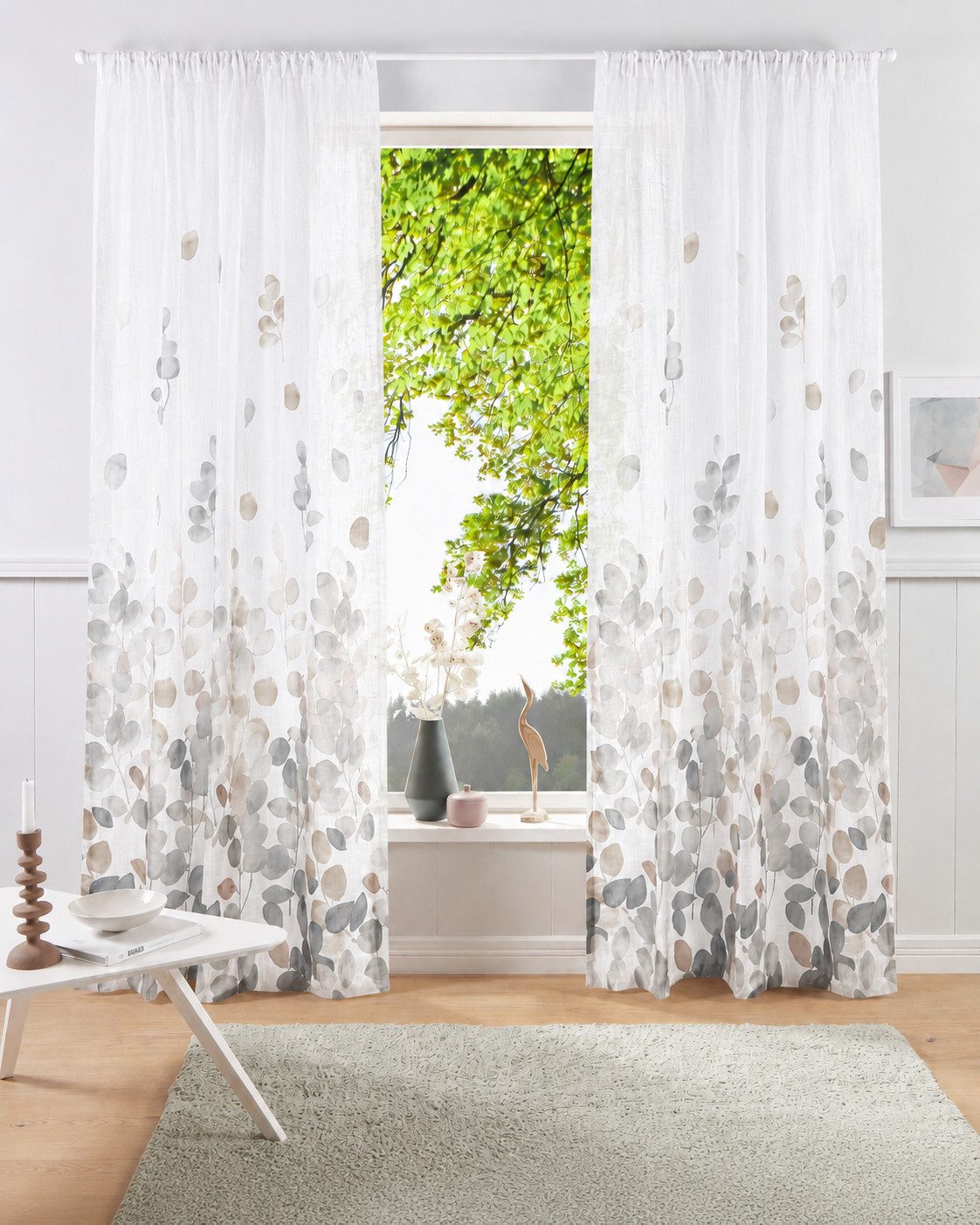 OTTO home Gardine Reeffa (1 St), Multifunktionsband, halbtransparent, Polyester, Blätterdruck, leichter Lichtschutz, Leinenoptik, modern und schön
