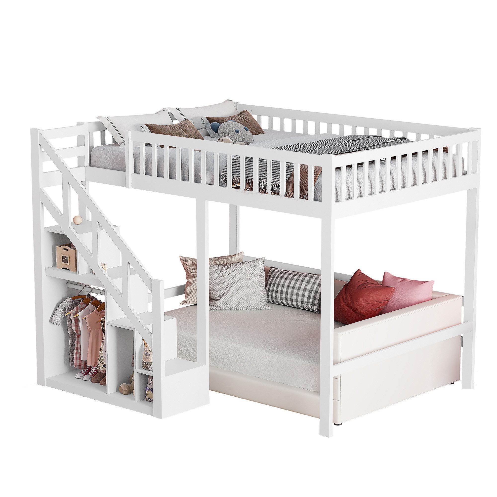 PXloue Hochbett 90/140 x 200 Stauraumbett Kinderbett Holzbett Mit Treppe, A günstig online kaufen