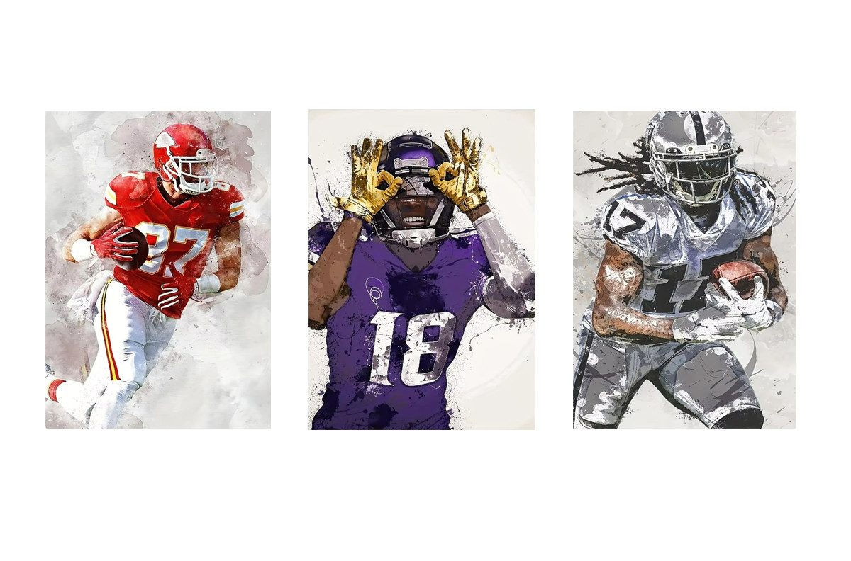 TPFLiving Kunstdruck (OHNE RAHMEN) Poster - Leinwand - Wandbild, American Football-Spieler Star Sport Wand Kunst Leinwand Malerei (Leinwandbild XXL), Farben: Blau, Gelb, Rot, Schwarz, Weiß, Grau - Größe: 20x30cm