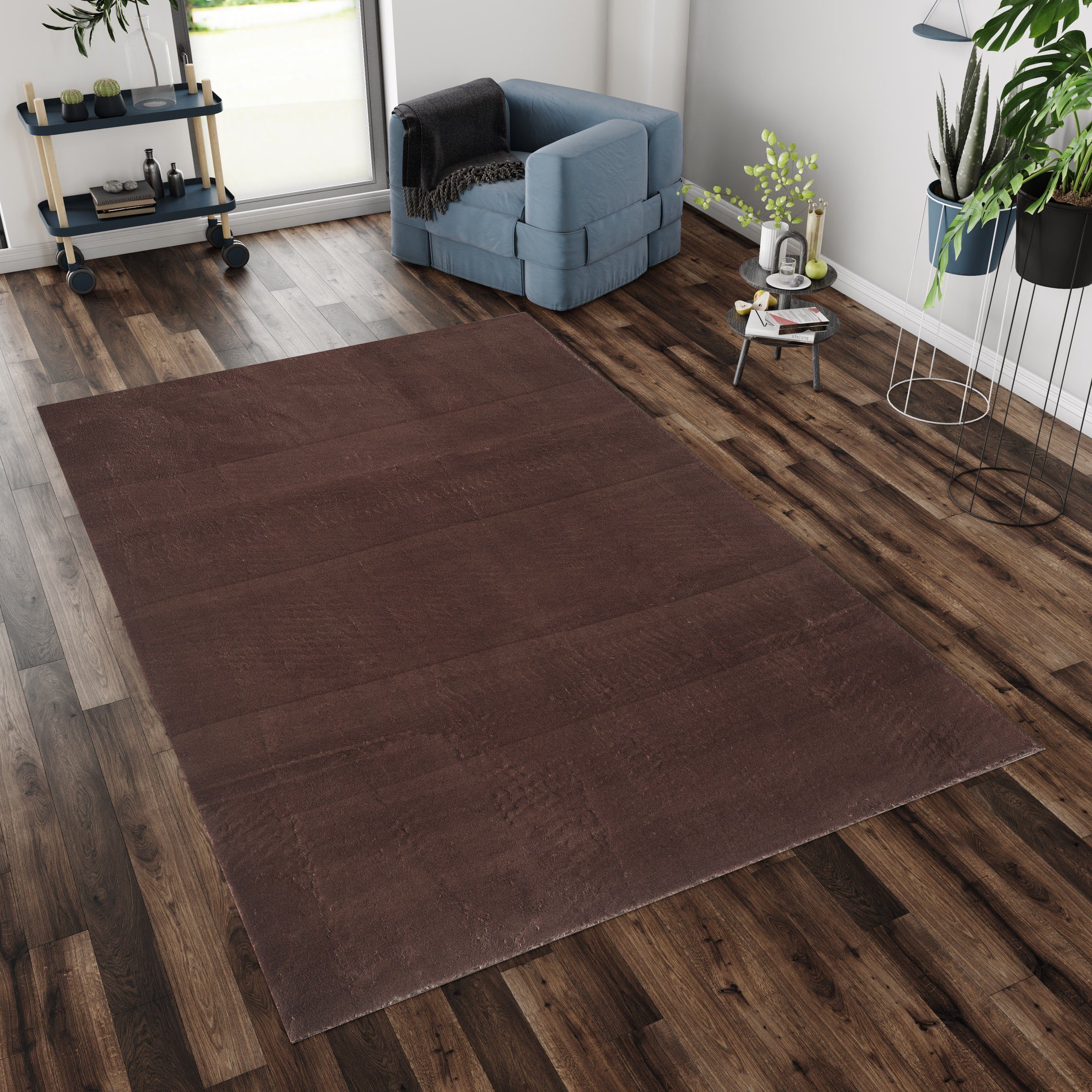 Teppich Unicolor - Einfarbig, HomebyHome, Rund, Höhe: 25 mm, Teppich Wohnzimmer Einfarbig Braun Kunstfell Plüsch Shaggy Waschbar
