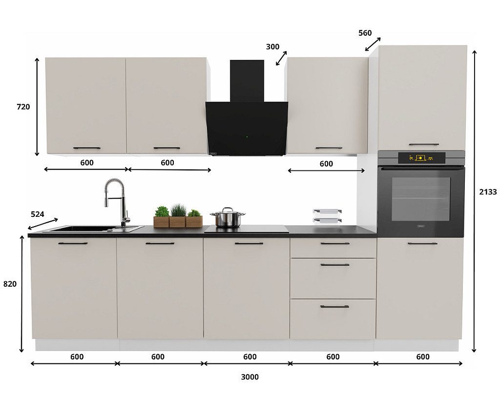 Möbel für Dich Küchenzeile Moderne Einbauküche Denis 300 cm 8-teilig, mit Fronten in Weiß Hochglanz oder Beige matt