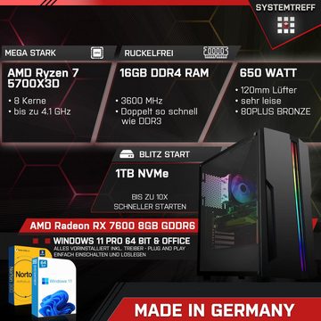 SYSTEMTREFF Gaming-PC (AMD Ryzen 7 5700X3D, Radeon RX 7600, 16 GB RAM, 1000 GB SSD, Luftkühlung, Windows 11, WLAN)