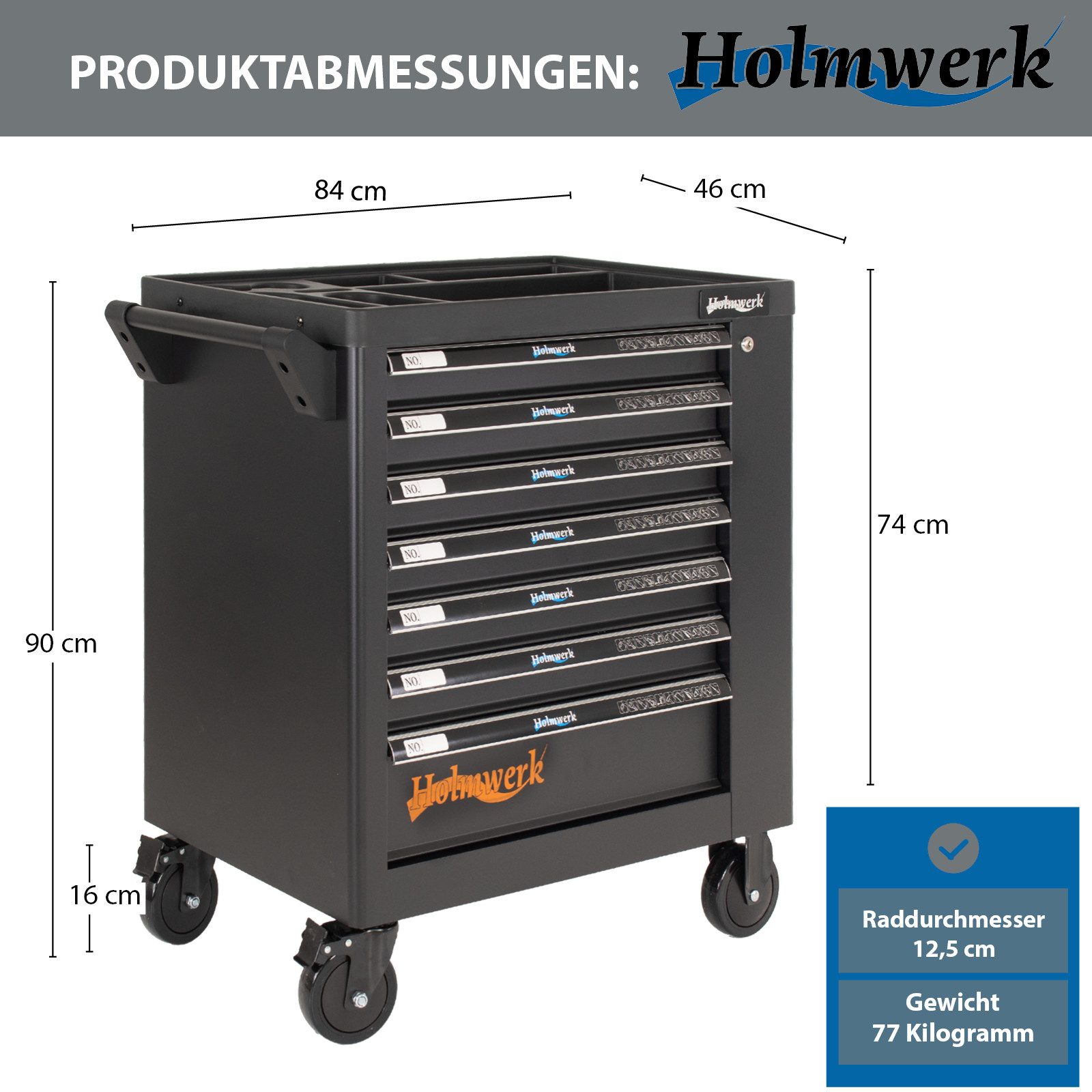 Holmwerk Werkstattwagen Werkstattwagen 252 tlg.bestückt 7 Schubladen Vollauszug Werkzeugwagen, auf Rollen, Chrom-Vanadium,7 Schubladen,Softclose,abschließbar