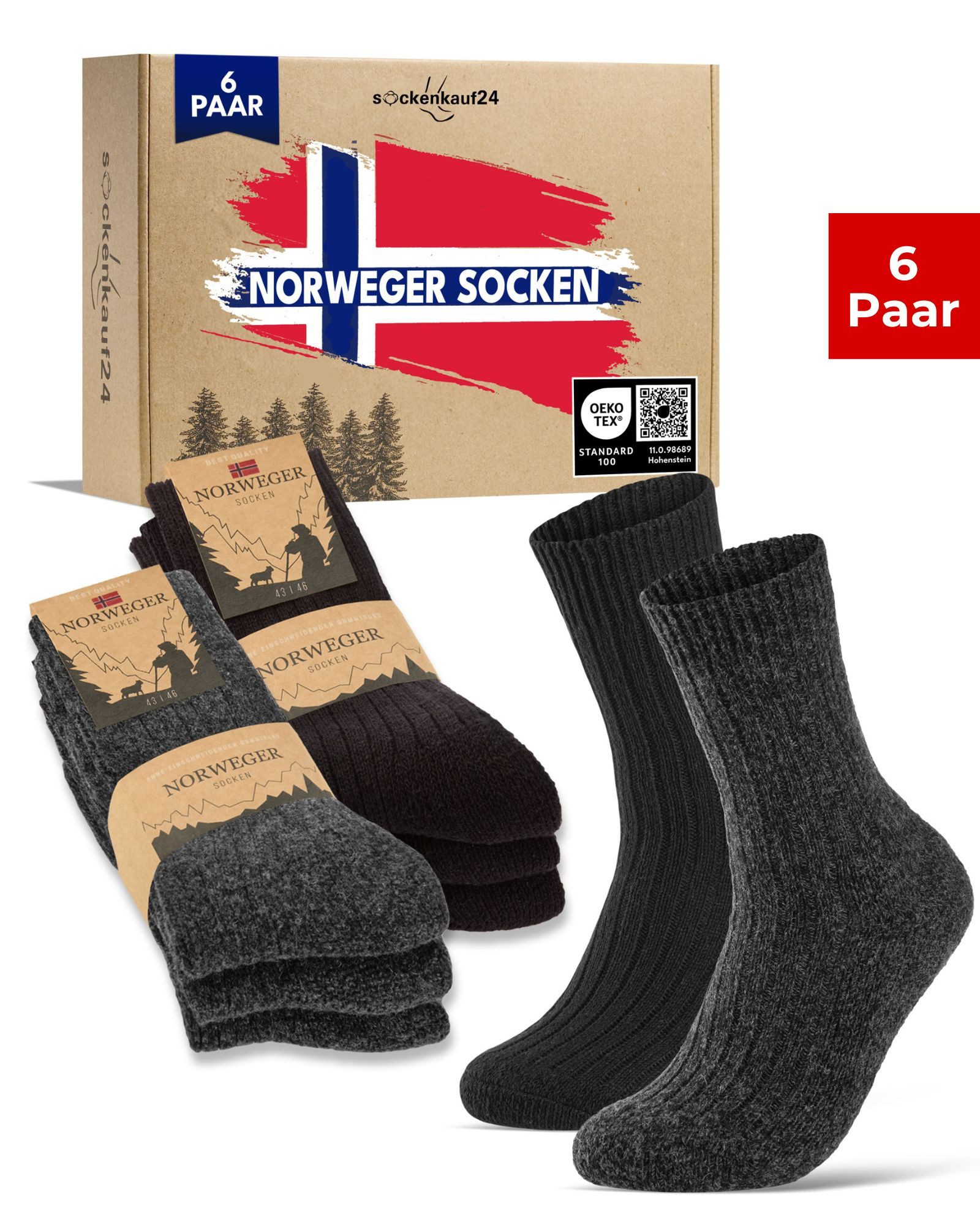 sockenkauf24 Norwegersocken Wintersocken warme Wollsocken Damen & Herren (Schwarz/Anthrazit, 6-Paar, 35-38) gepolsterte Frotteesohle - 20100