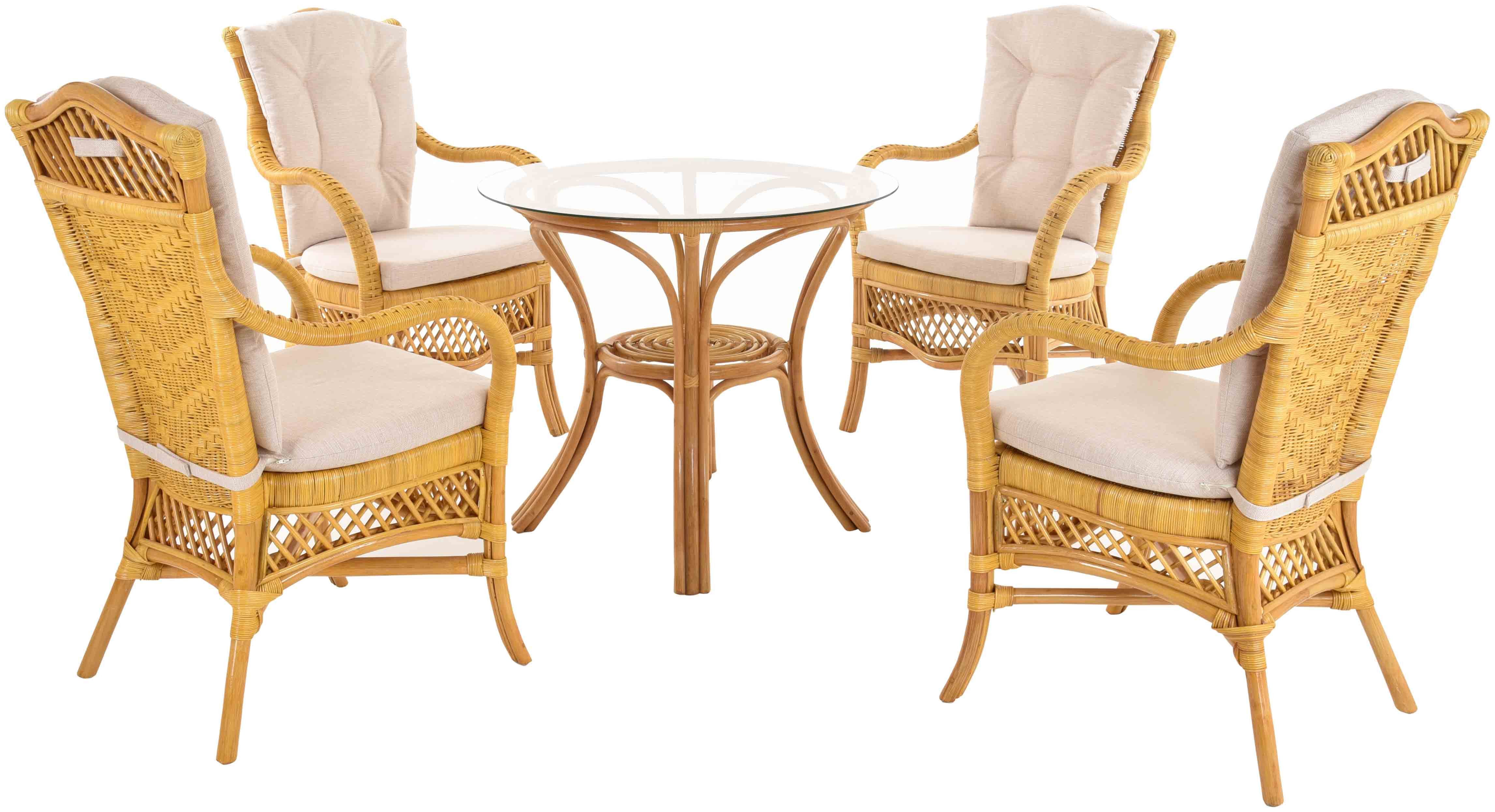 Krines Home Sitzgruppe Rattanset Orleans Wintergarten Rattangruppe Rattan Garnitur 5-teilig, (5-tlg., 4x Sessel, 1x Tisch), Rattanmöbel, Natur, Wintergartenset