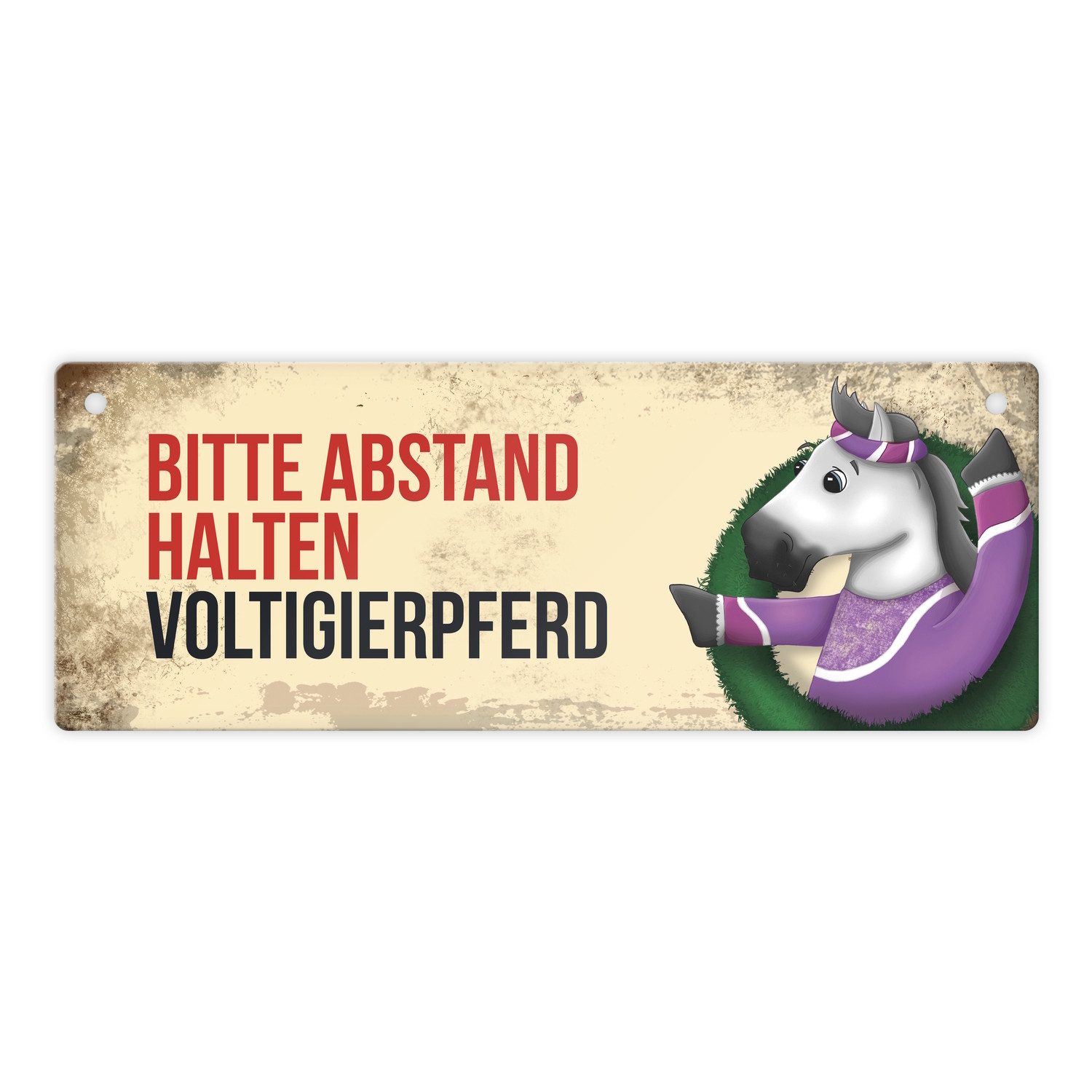 Metallschild Metallschild mit weißem Voltigierpferd Motiv und Spruch: Bitte halten