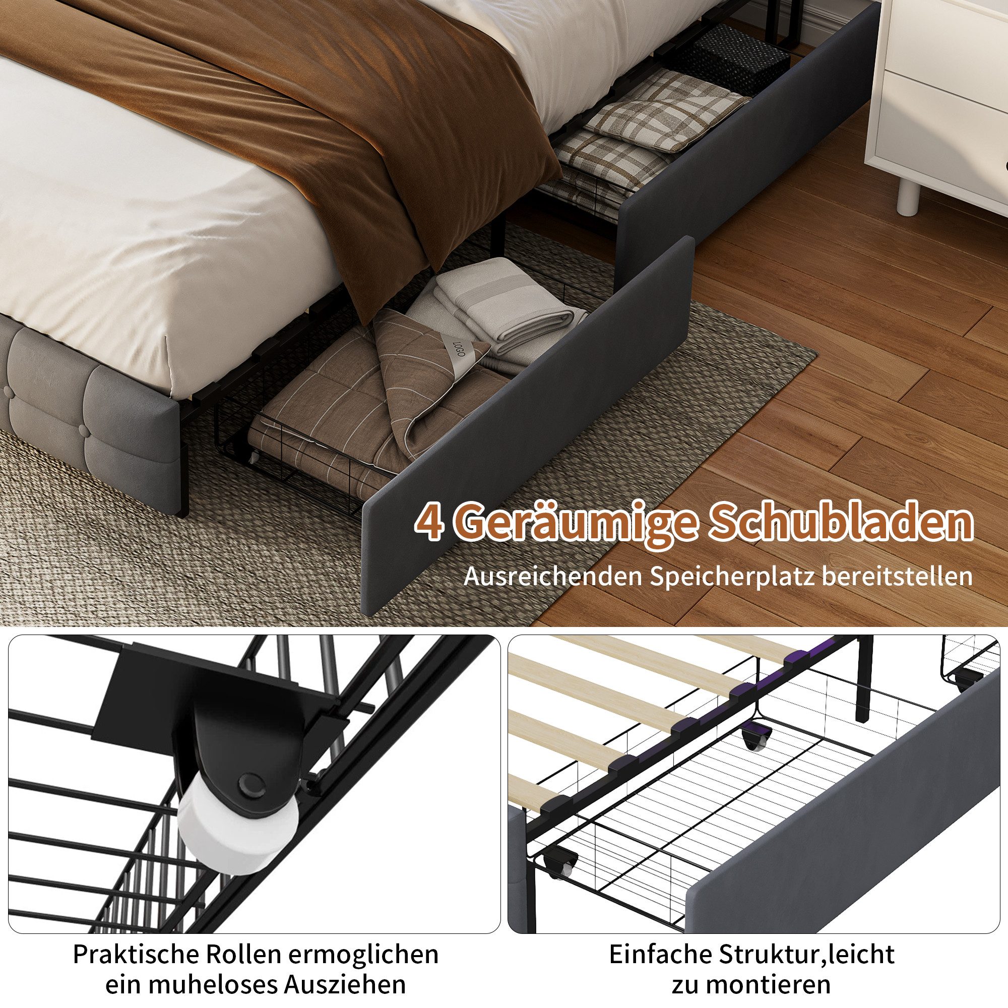 Simurq Polsterbett 140x200cm Stauraumbett mit LED, Ladefunktion und 4 Schubladen (Packung, 1-tlg., Doppelbett Mit Stauraum Kopfteil und Lattenrost), Samt Schubl – Bild 4 von 5