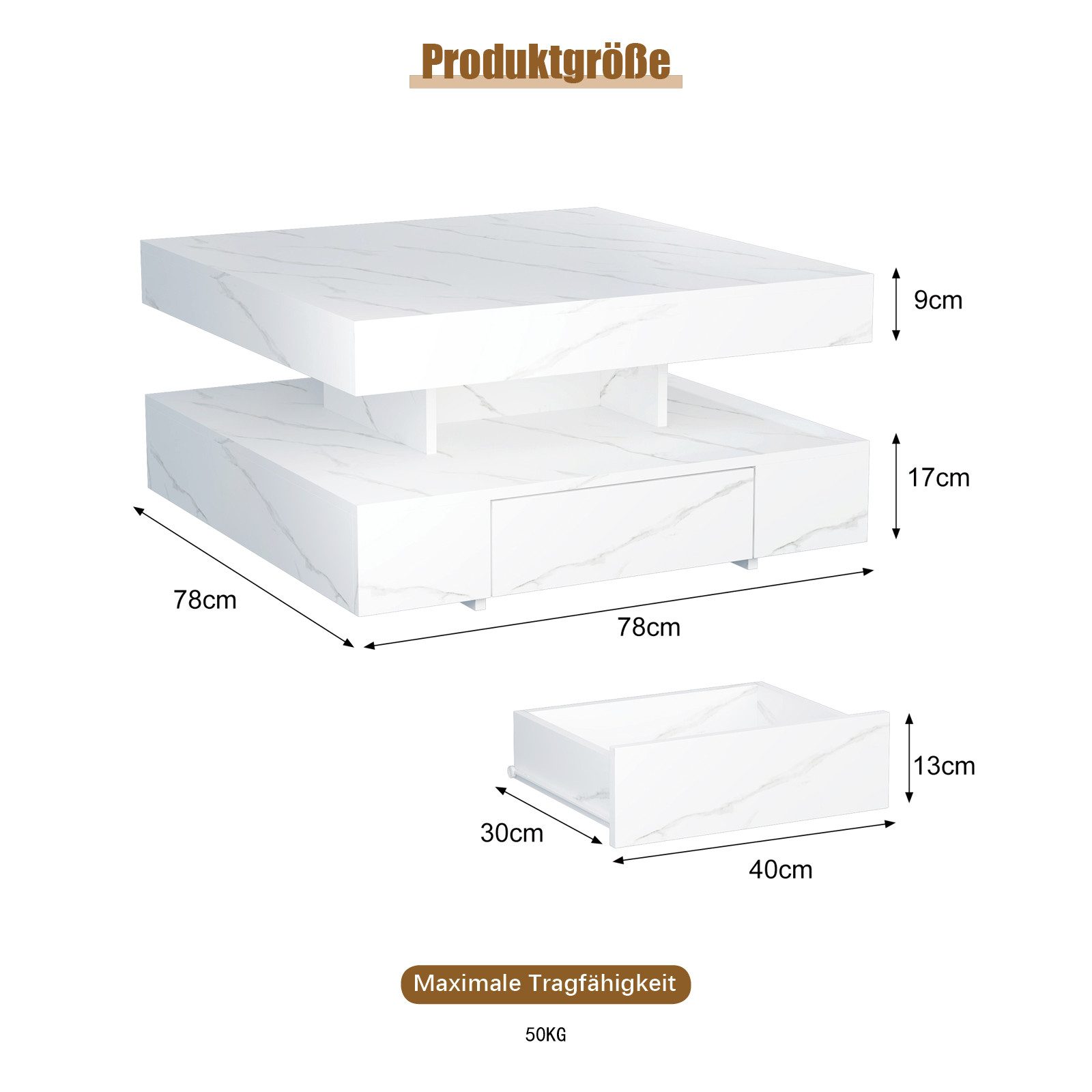 radelldar Couchtisch mit LED-Beleuchtung, 2 Schubladen und verdecktem Stauraum (1-St), Wohnzimmertisch matt 78x78x40 cm
