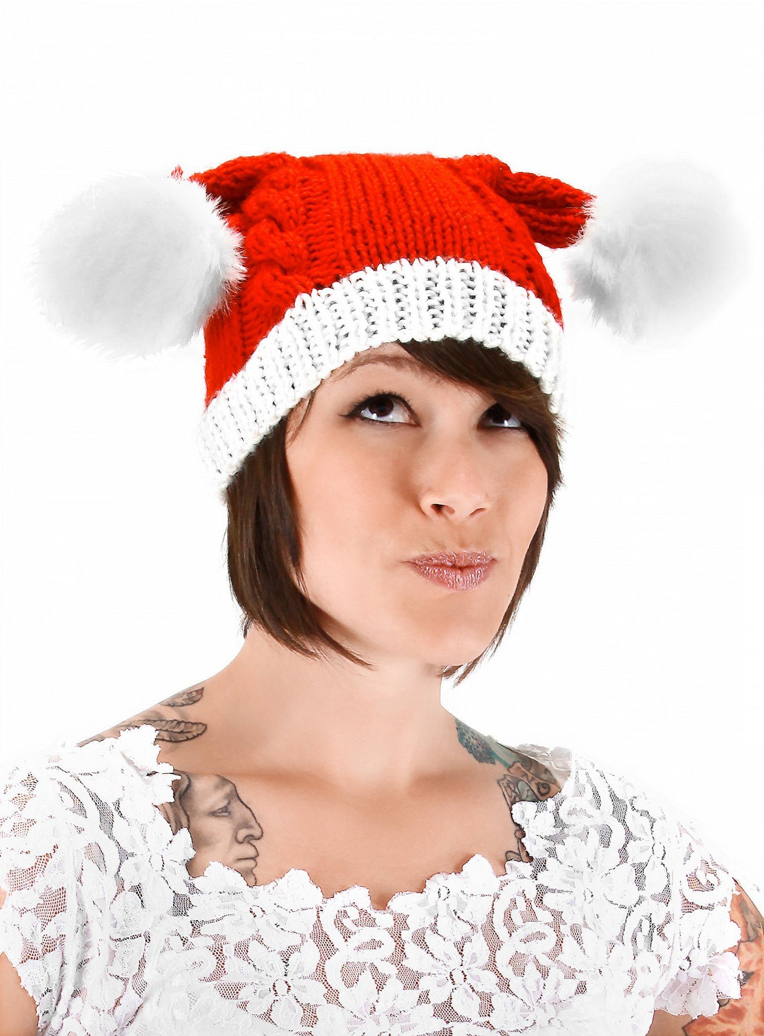 Elope Kostüm Weihnachtsmütze gestrickt mit Bommeln, Weihnachtliche Kopfdeckung für die kalten Tage