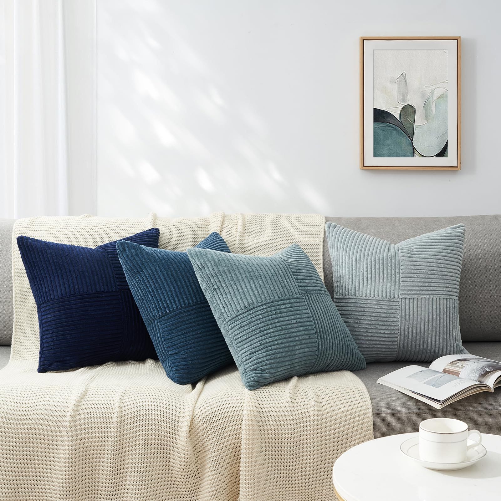 Topfinel Kissenbezug 40x40 4er set Kissenbezüge 50x50 Kordsamt mit Streifen deko Sofa, kissenbezug Blau Farbverlauf Schlafzimmer Weich Hautfreundlich