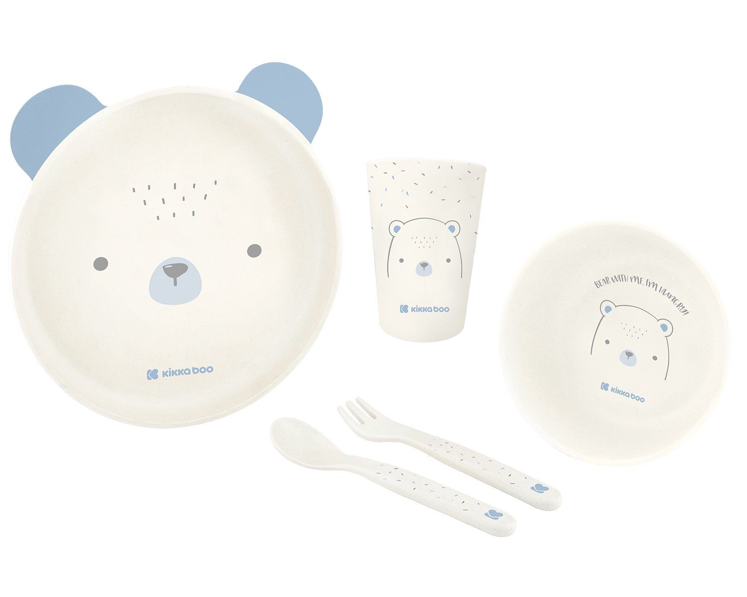Kikkaboo Kunststoffteller Kindergeschirr Set Bear with me, 5-teilig, Tiermotiv, Schale, Besteck blau