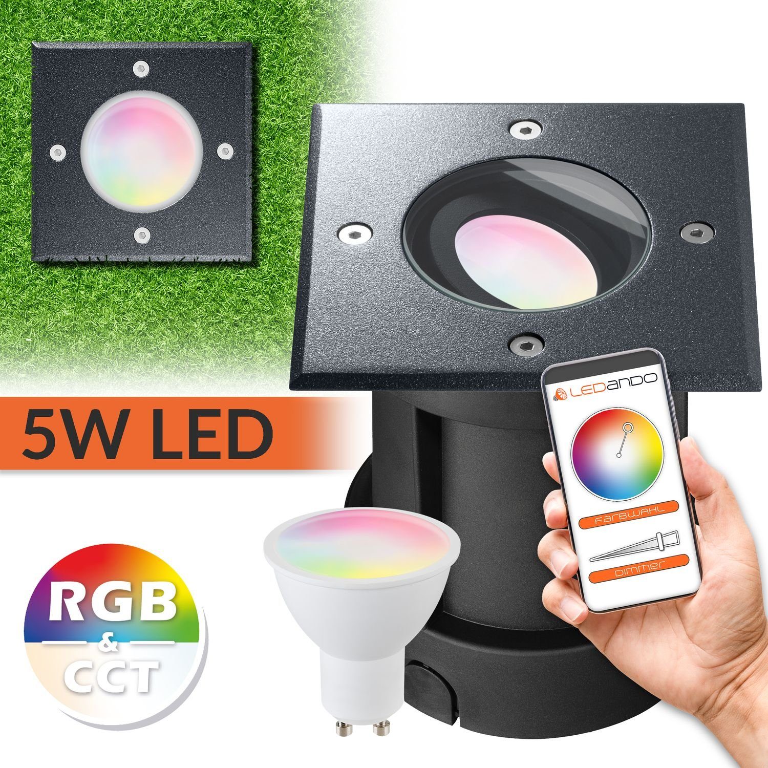 Smart LEDANDO RGB per WiFi + Einbaustrahler steuerbar Bodeneinbaustrahler LED - 5W LED Set App -