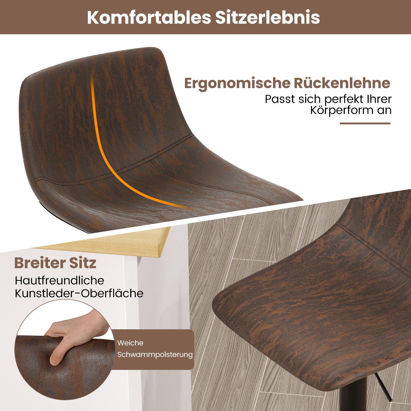 COSTWAY Barhocker (2er Se), höhenverstellbare Sitzhöhe 60-82cm, drehbar, mit Fußstütze