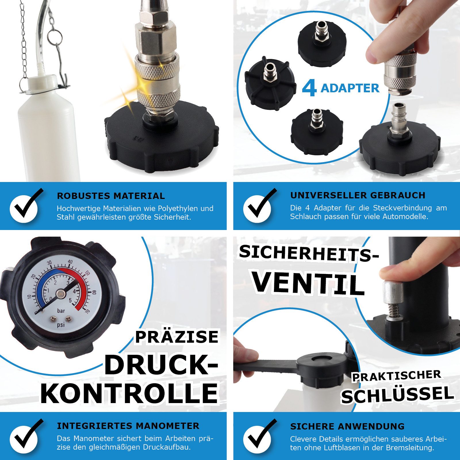 Bituxx Bremsscheiben-Richtwerkzeug Bremsenentlüftungsgerät mit Ausgleichsbehälter und 4 Adaptern – Bild 2 von 5