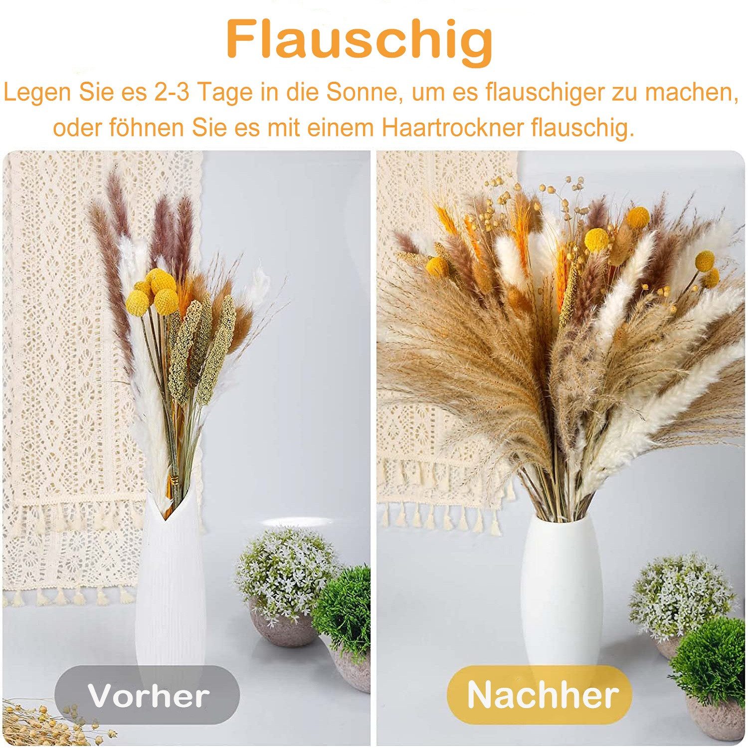 Trockenblume Pampasgras Trockenblumen Deko, 100 Stück Pampasgras Getrocknet Trockenblumen natürlicher Blumenstrauß, Forrlite, Höhe 45 cm, Flauschige Getrocknete Blumen für Hochzeit Boho Deko Wohnzimmer