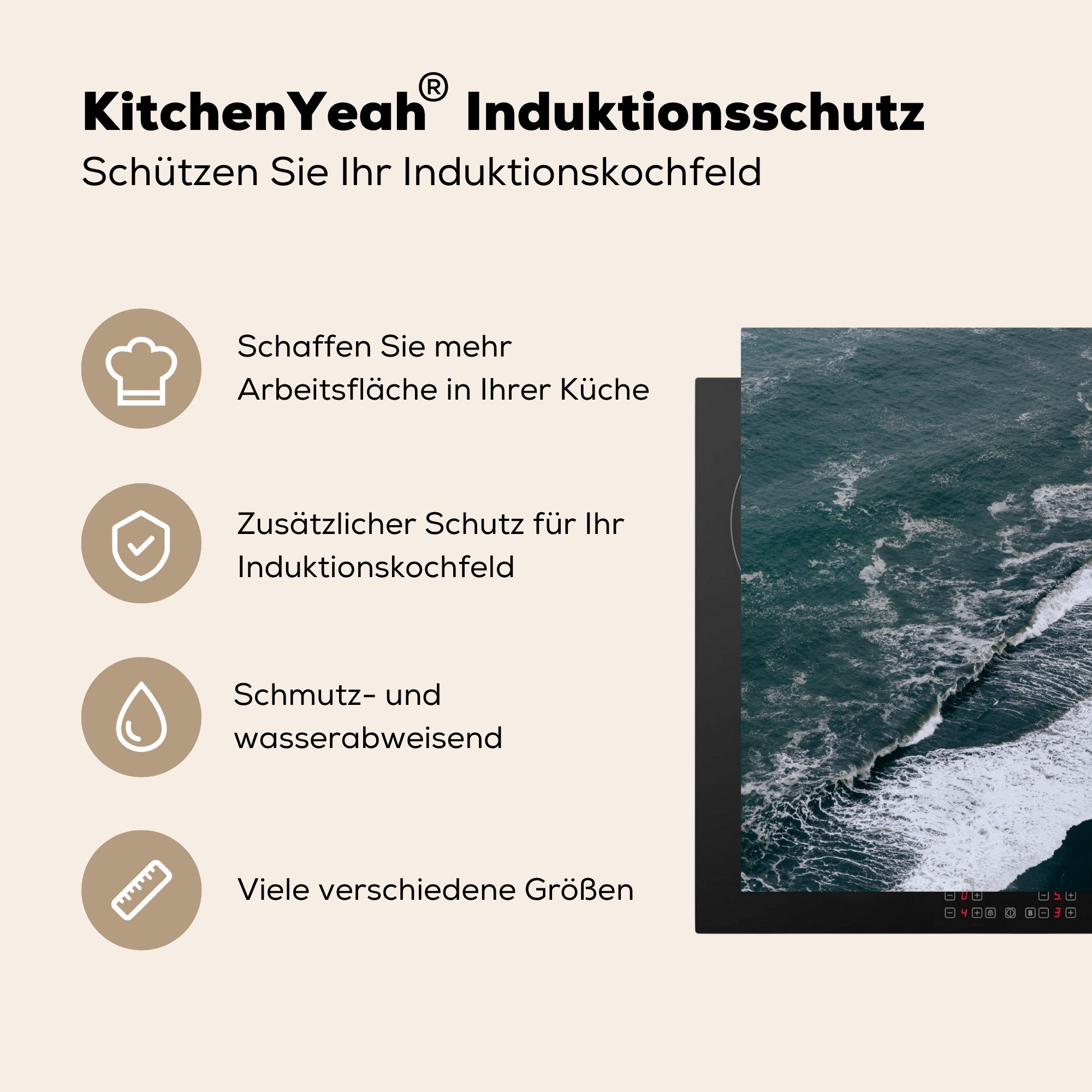 MuchoWow Herdblende-/Abdeckplatte - Strand - cm, (1 Wasser tlg), Induktionskochfeld, Induktionsschutz, Ceranfeldabdeckung Schwarz, Vinyl, 59x51