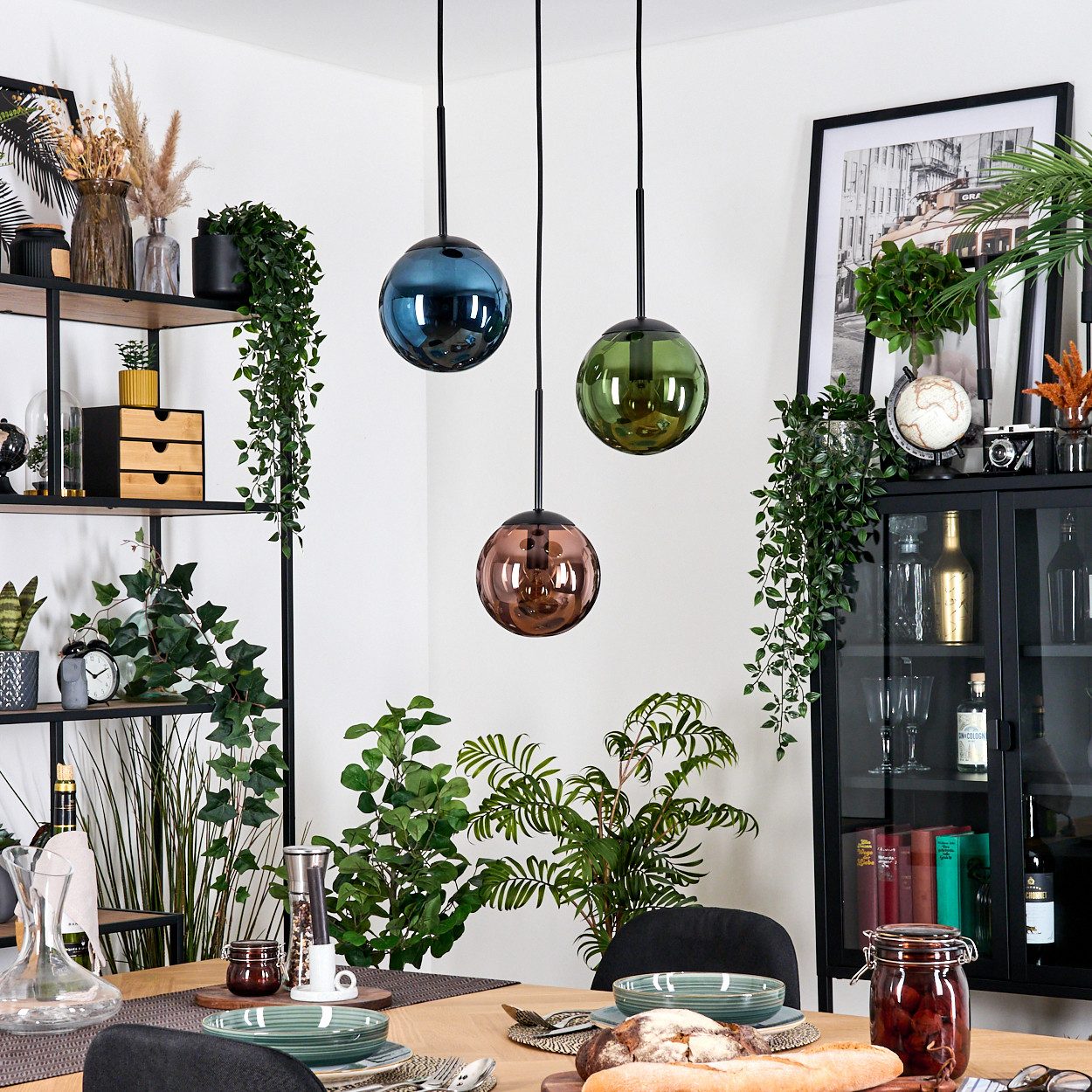 hofstein Hängeleuchte Hängelampe aus Metall/Glas in Schwarz/Blau/Grün/Kupfe günstig online kaufen