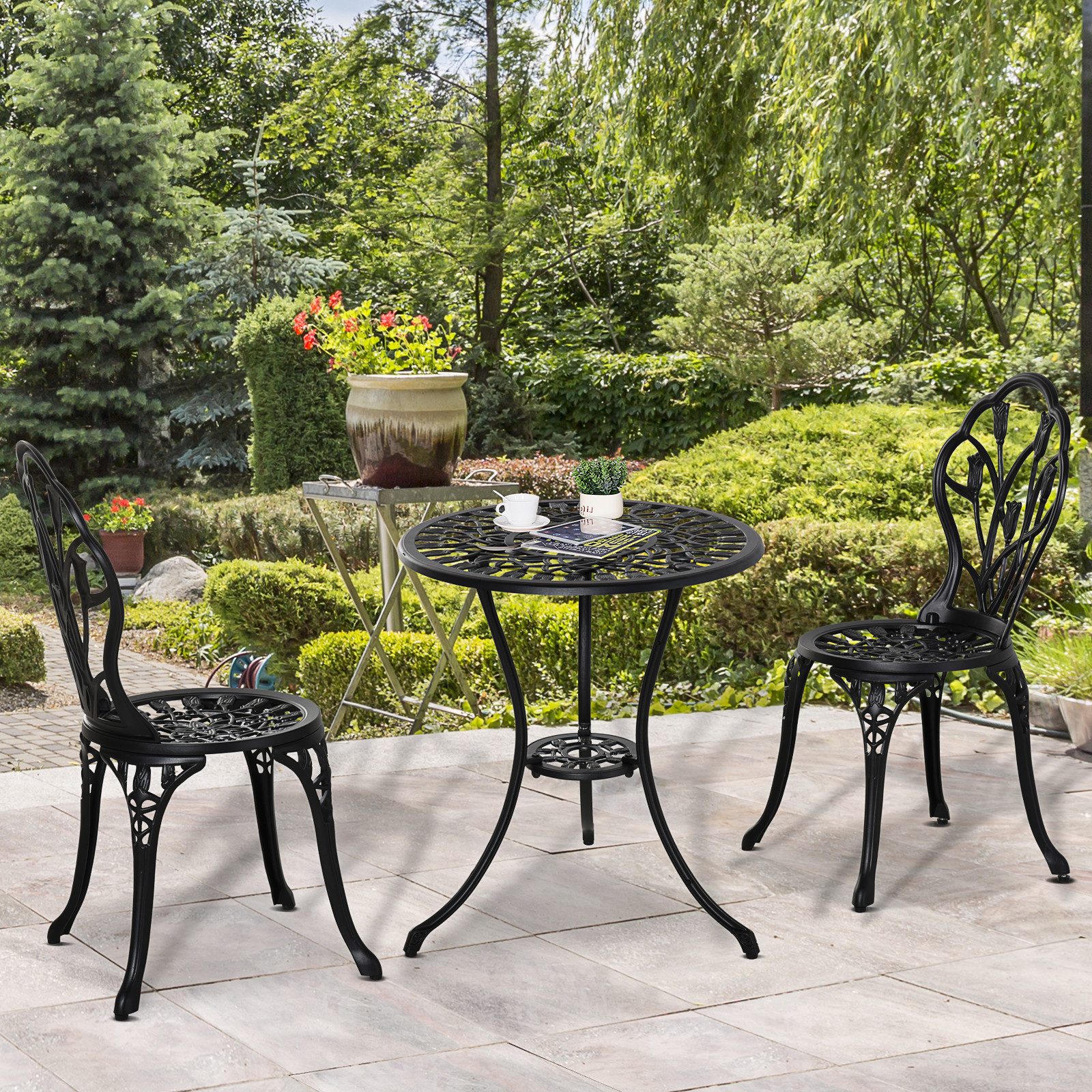 Outsunny Balkonset Bistro-Set mit geschnitztem Design, Sitzgruppe mit Gartenstühlen, (Balkonmöbel-Set, 3-tlg., Gartenmöbel-Set), Aluminium Schwarz Ø60 x 67H cm