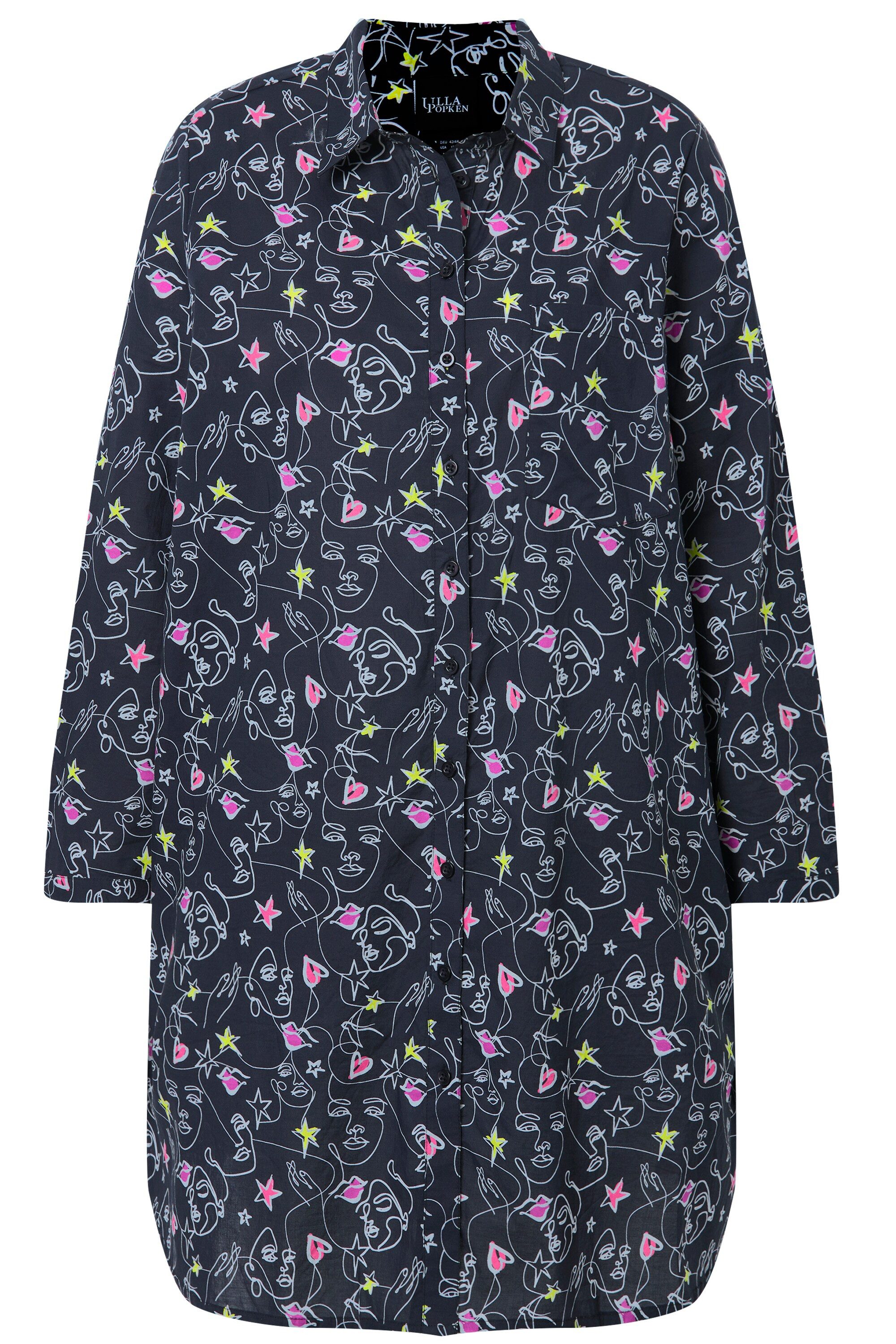 Ulla Popken Hemdbluse Longbluse Scribble-Herz Muster A-Linie Langarm günstig online kaufen