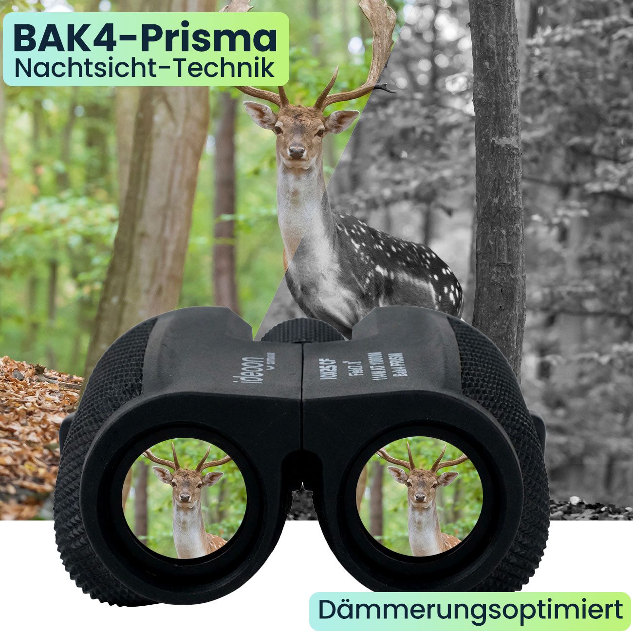 shop'n smile ideoon Mini Fernglas 10x25: Kompakt-Feldstecher für Jagd, Wandern & Outdoor Fernglas (Mit Nachtsicht, BAK4 Prisma & Tasche)