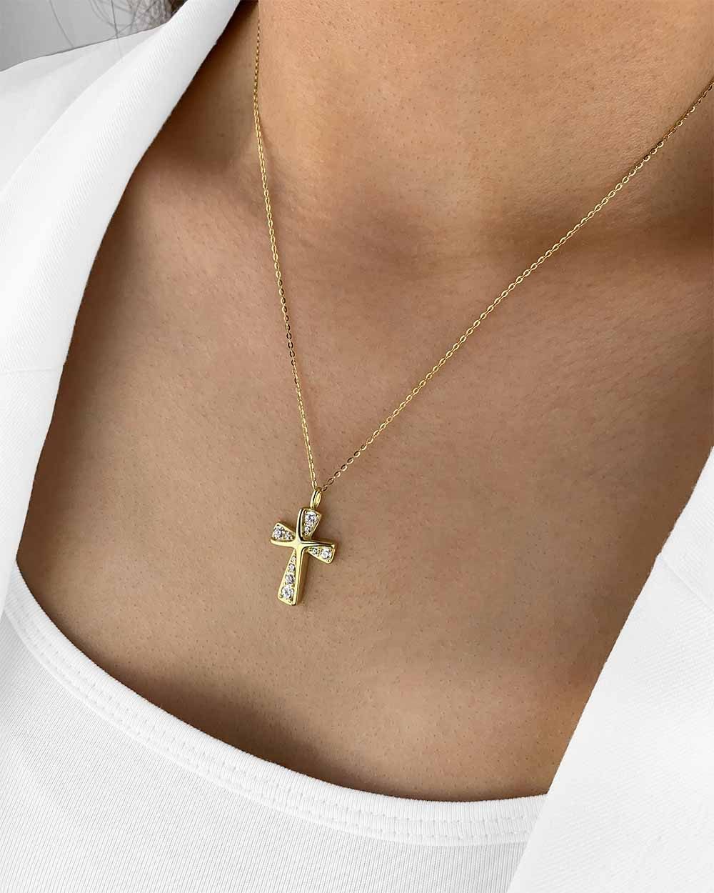 DANIEL CLIFFORD Kreuzkette 'Irene' Damen Halskette Silber 925 vergoldet Kreuz-Anhänger Kristall (inkl. Verpackung), vergoldete Silberkette 45cm mit Kreuzanhänger Kristalle weiß