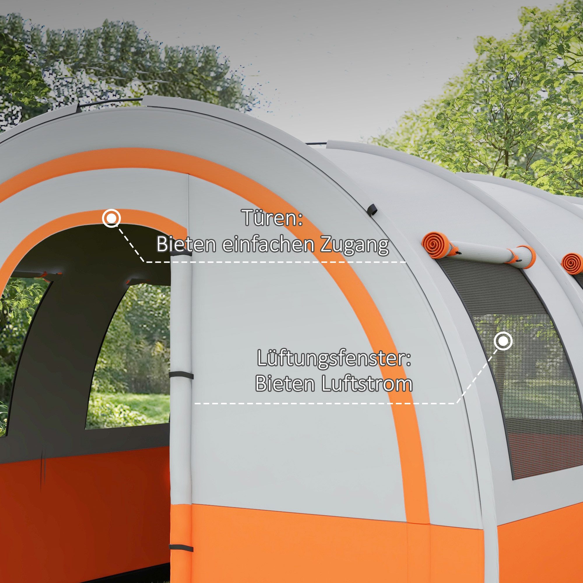 Outsunny Tunnelzelt mit 2 Räumen, Lichthaken, Tragetasche, Personen: 6 (3000mm wasserabweisend Campingzelt, 1 tlg., Gruppenzelt für 6 Personen), für Garten, Campingplatz, Cremeweiß