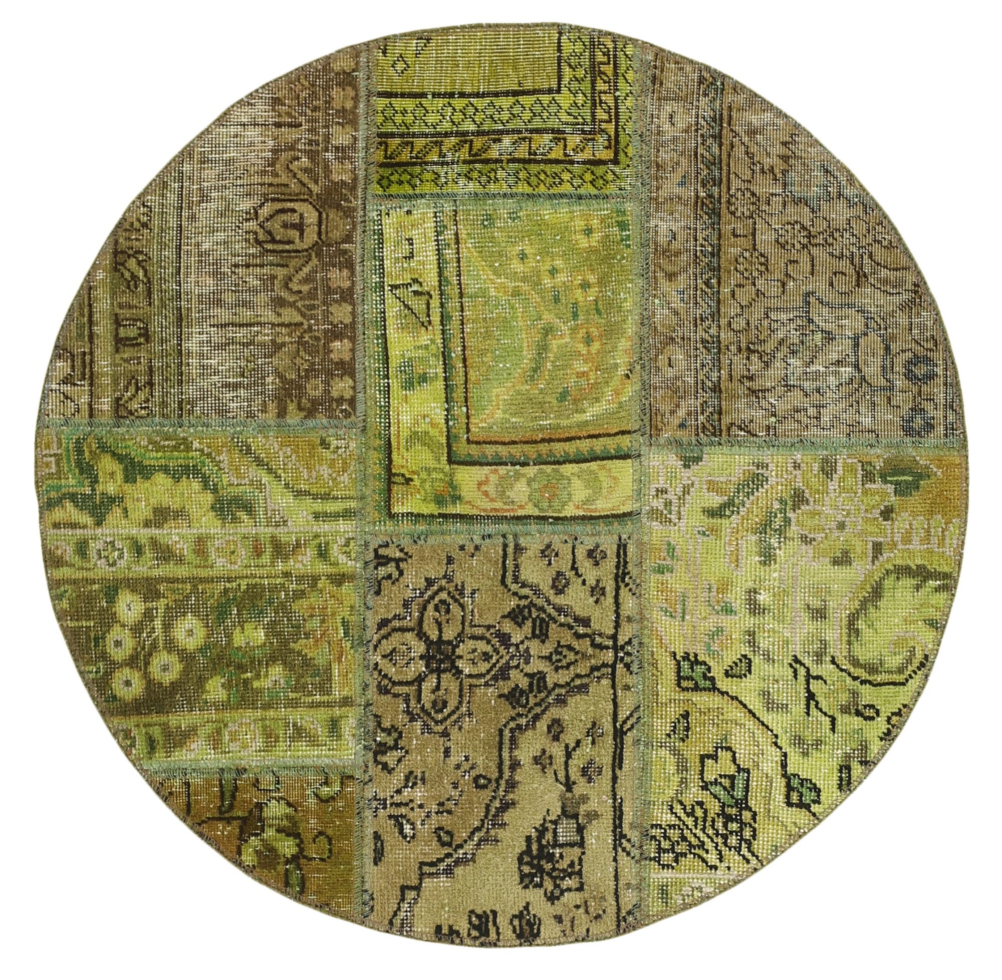 Wohnando Teppich MY-RUG Vintage Patch Work Floral & Ornamentiert 100x100cm, Rund, Höhe: 10 mm, Handgeknüpfter Teppich,Handgesponnene Wolle, mit Naturfarben gegärbt