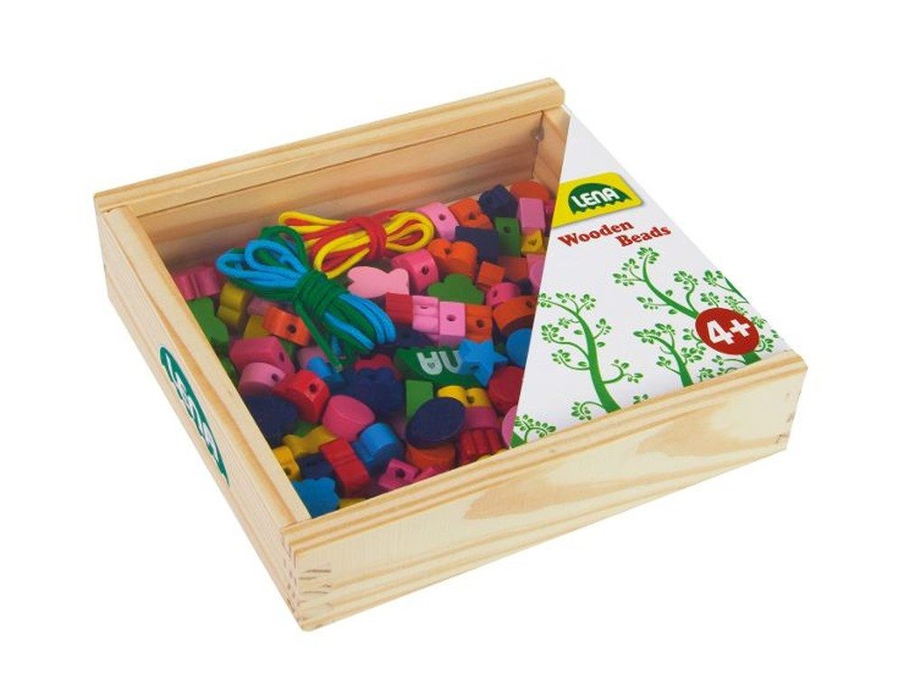 SIMM Spielwaren Bastelperlen Holzperlen Set in Holzkassette 164 teilig, (164-tlg), wiederverschließbare Holzkassette