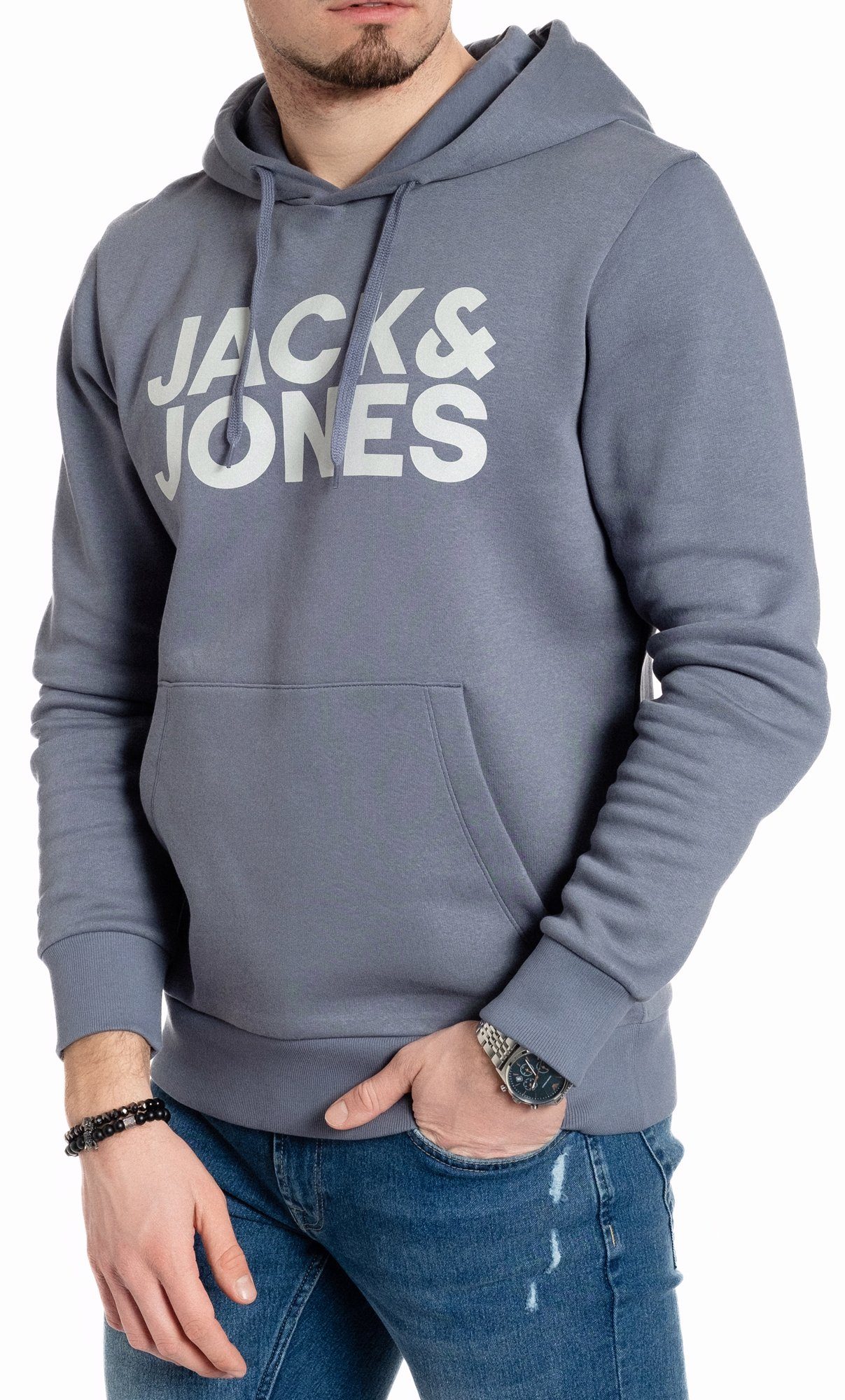Jack & Jones Kapuzensweatshirt mit Chinablue-White Kängurutasche