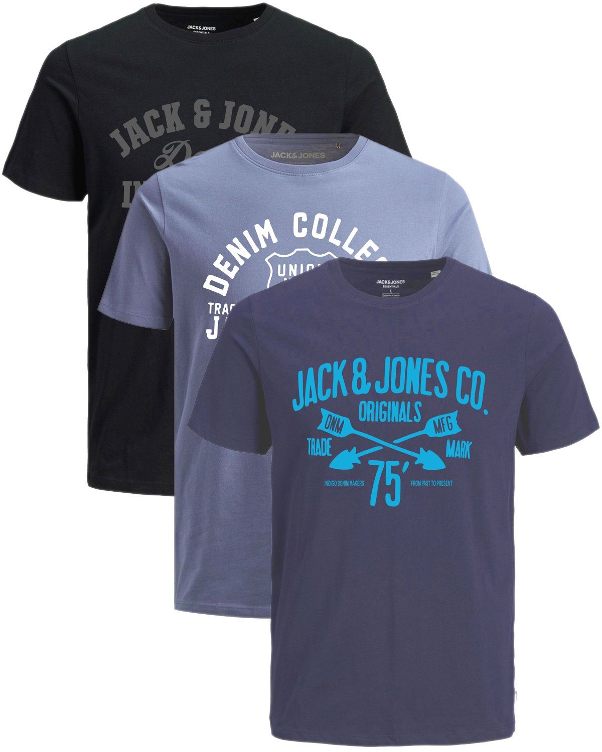 Aufdruck Mix mit aus & Jones Print-Shirt OPT 3er-Pack) Baumwolle Jack 4 (Spar-Set, T-Shirts 3er