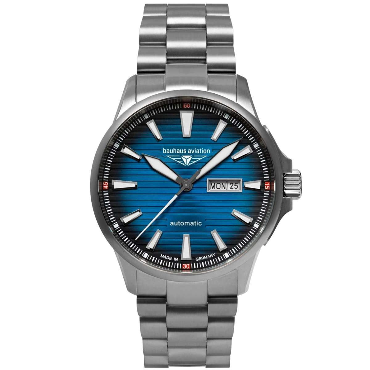 bauhaus Automatikuhr 2862M-3, Herrenuhr Aviation Iron Annie Automatik Titan/Blau