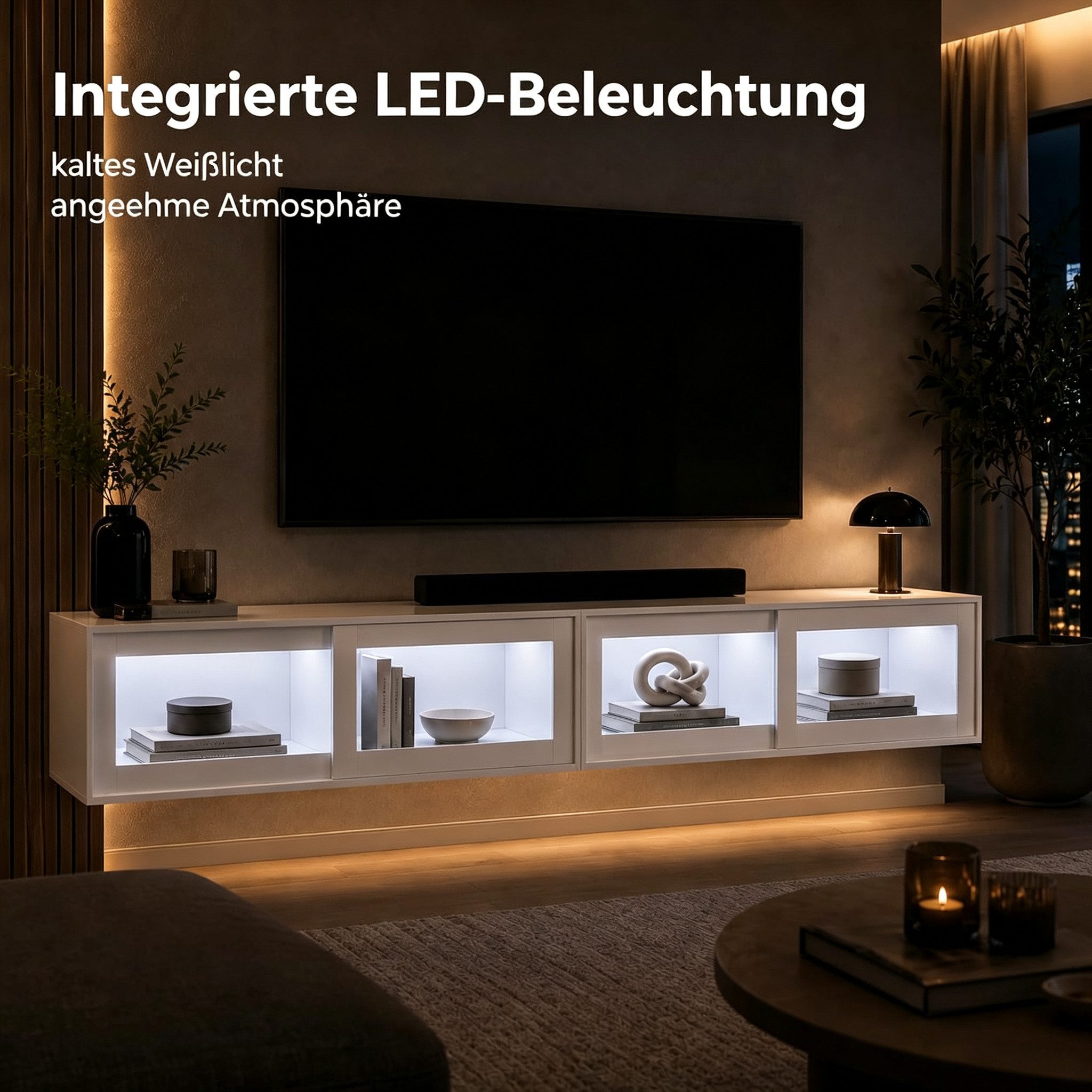 FUFU&GAGA Lowboard Hängendes TV-Lowboard 200 cm Set, Hochglanz Weiß mit LED – Bild 3 von 5