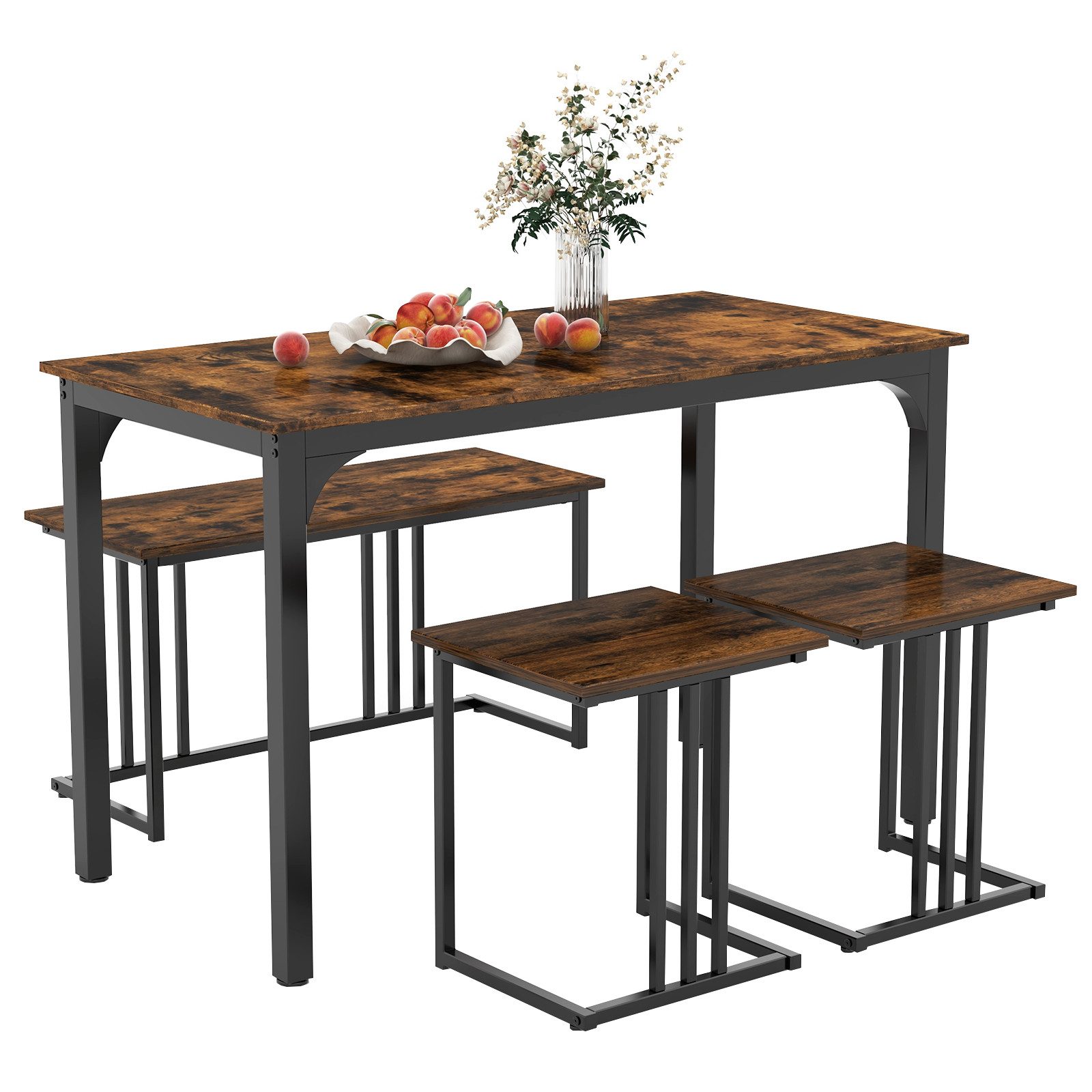 COSTWAY Essgruppe, (4-tlg), 4-tlg., Sitzgruppe mit Bank & 2 Hockern 120x60x75cm