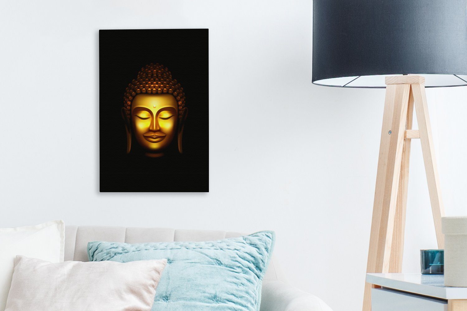 (1 - Gemälde, Buddha OneMillionCanvasses® inkl. bespannt St), Gold, 20x30 Leinwandbild Kopf - Zackenaufhänger, cm fertig Leinwandbild