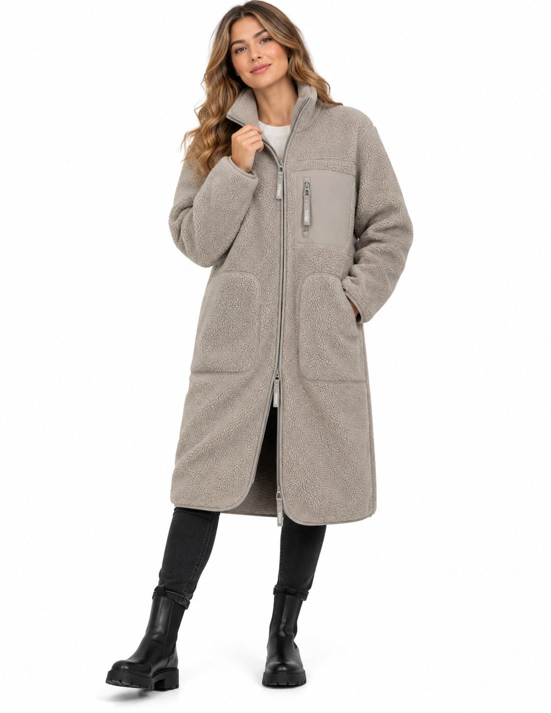 SUBLEVEL Fleecejacke Sublevel Damen Teddyfleece Mantel Lange Herbst Winter Übergangs Jacke