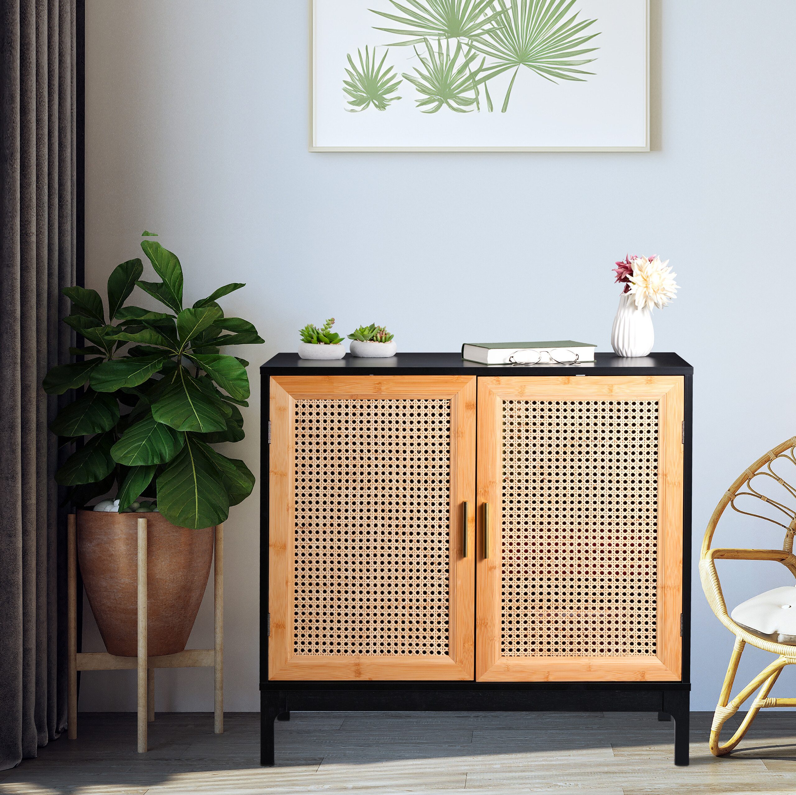 relaxdays Sideboard mit 2 Rattan Türe (1 St)