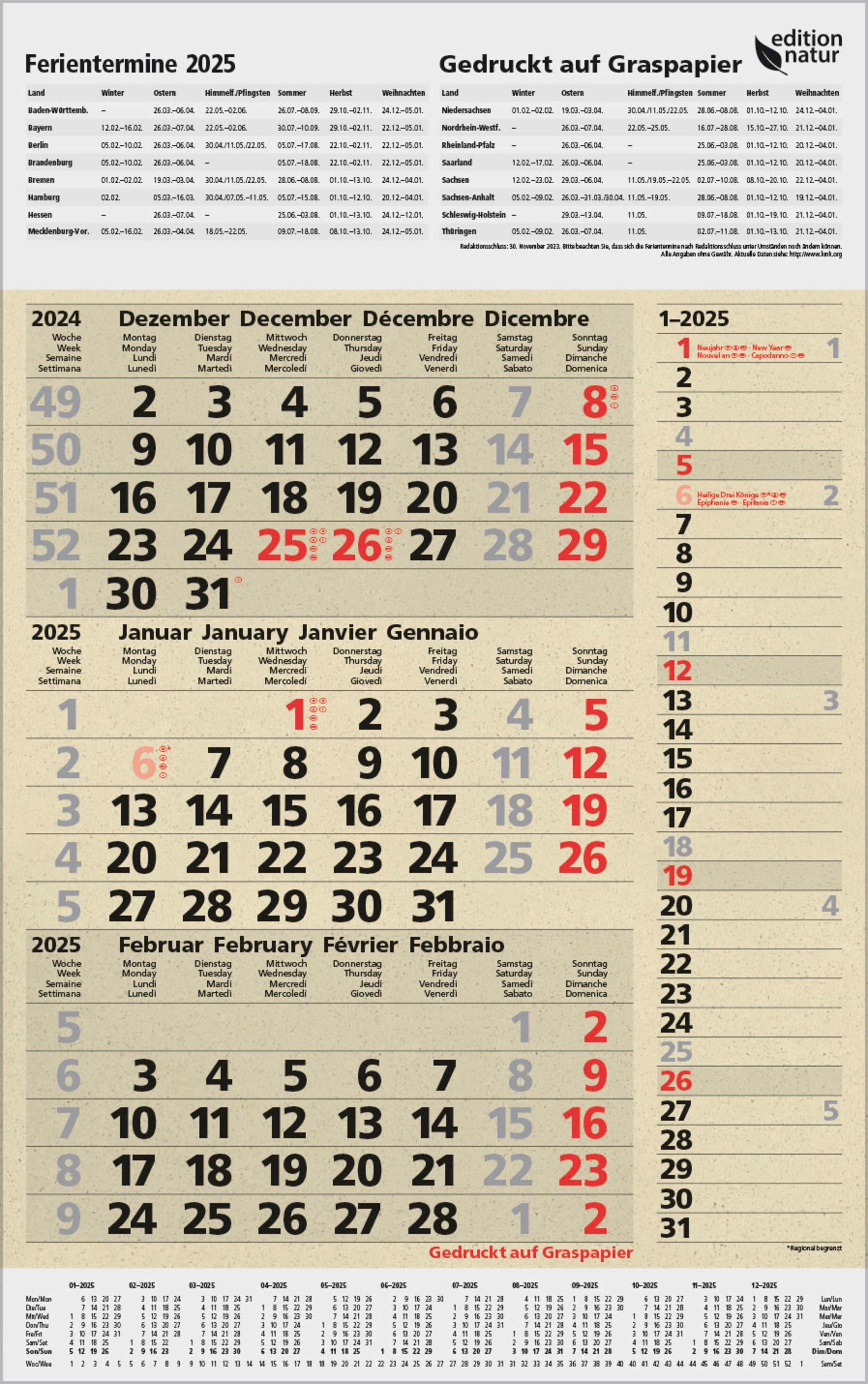 Korsch Verlag Terminkalender 3-Monats-Planer Combi Graspapier 2025
