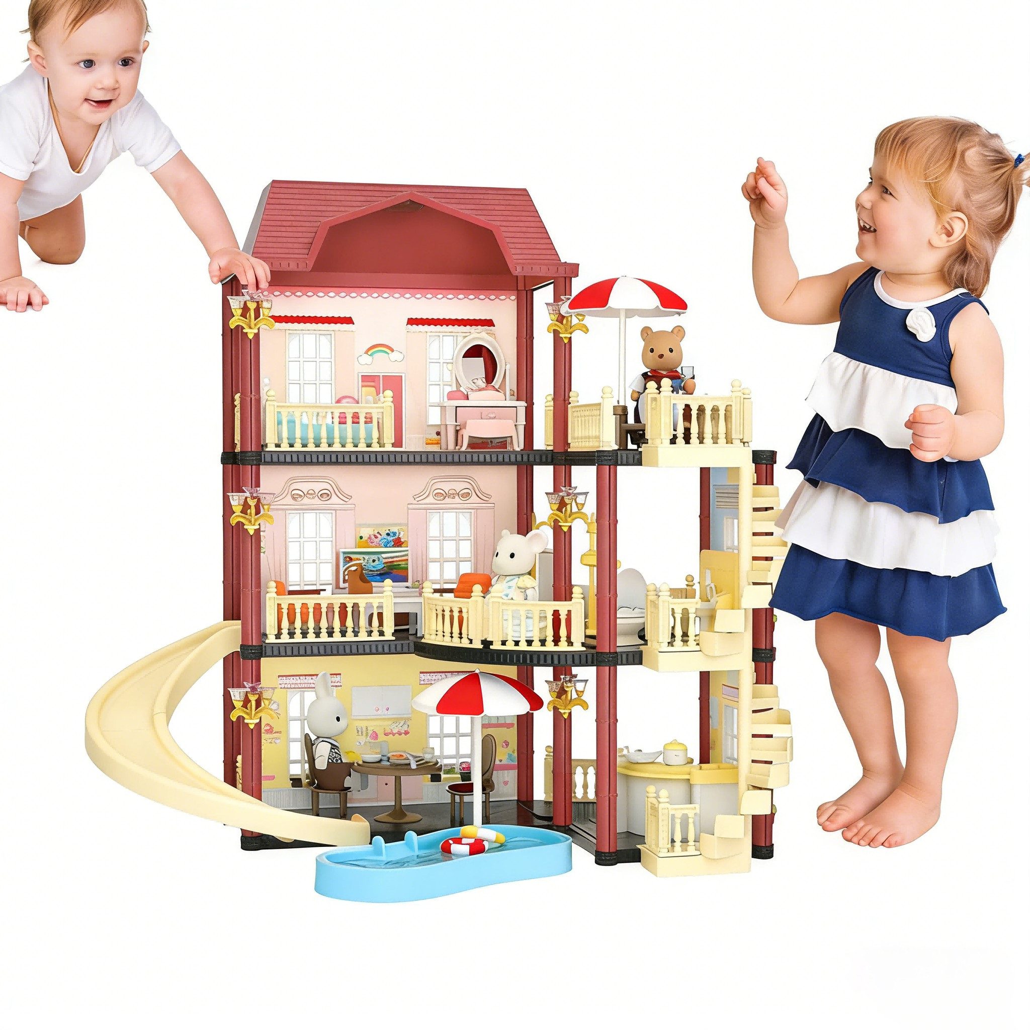 BlingBin Puppenhaus 3-stöckiges Spielhaus Bauspielzeug mit Möbeln & Zubehör für Kinder, (1er Set, 1-tlg., Puppen bis 50 cm hoch), perfektes fantasievolles Geschenk für Weihnachten
