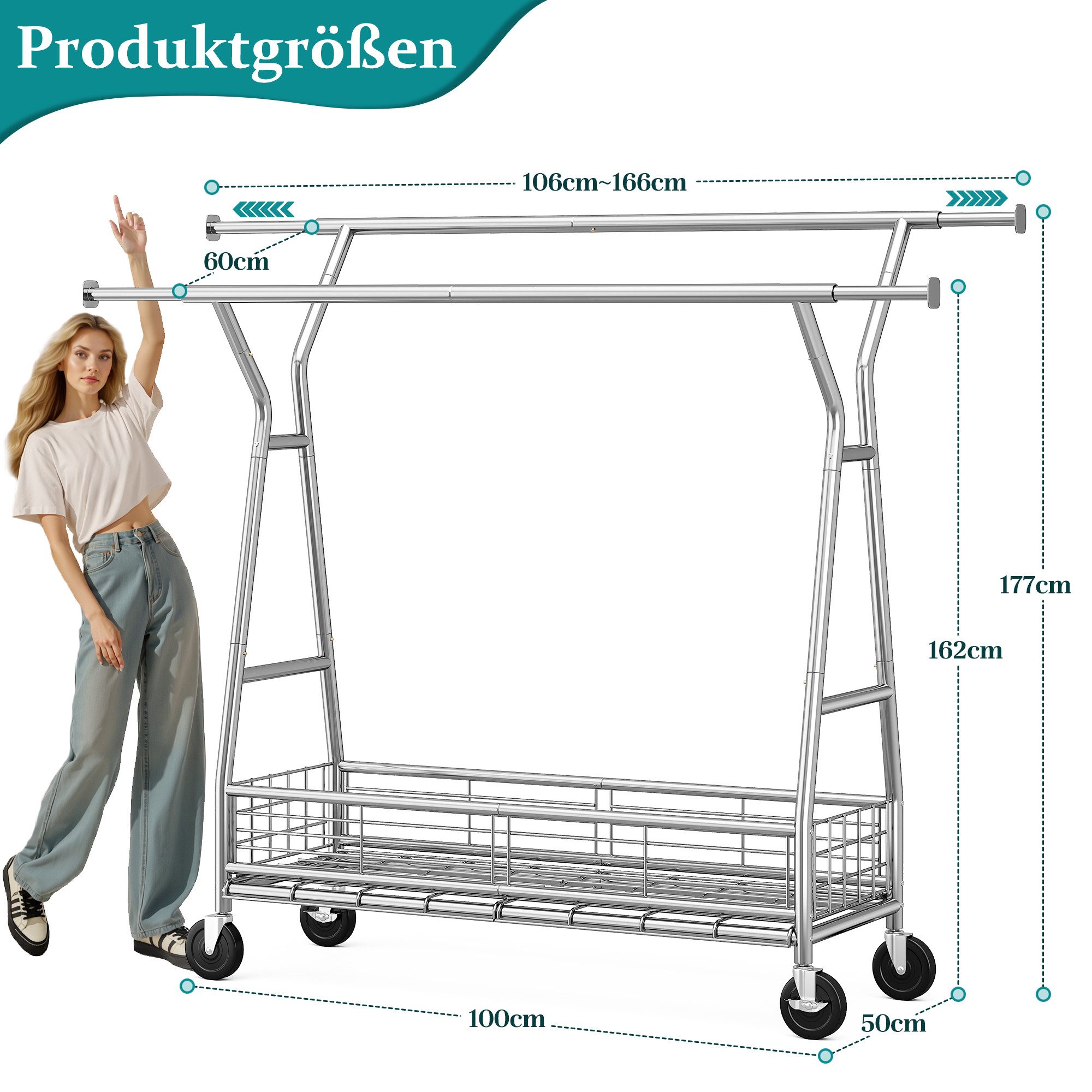 Klyvvo Kleiderständer auf Rollen mit Doppelstange & Netzkorb, 200 kg Schwerlast-Tragkraft, (1 St), reichlich Stauraum für Kleidung & Accessoires – Bild 2 von 5