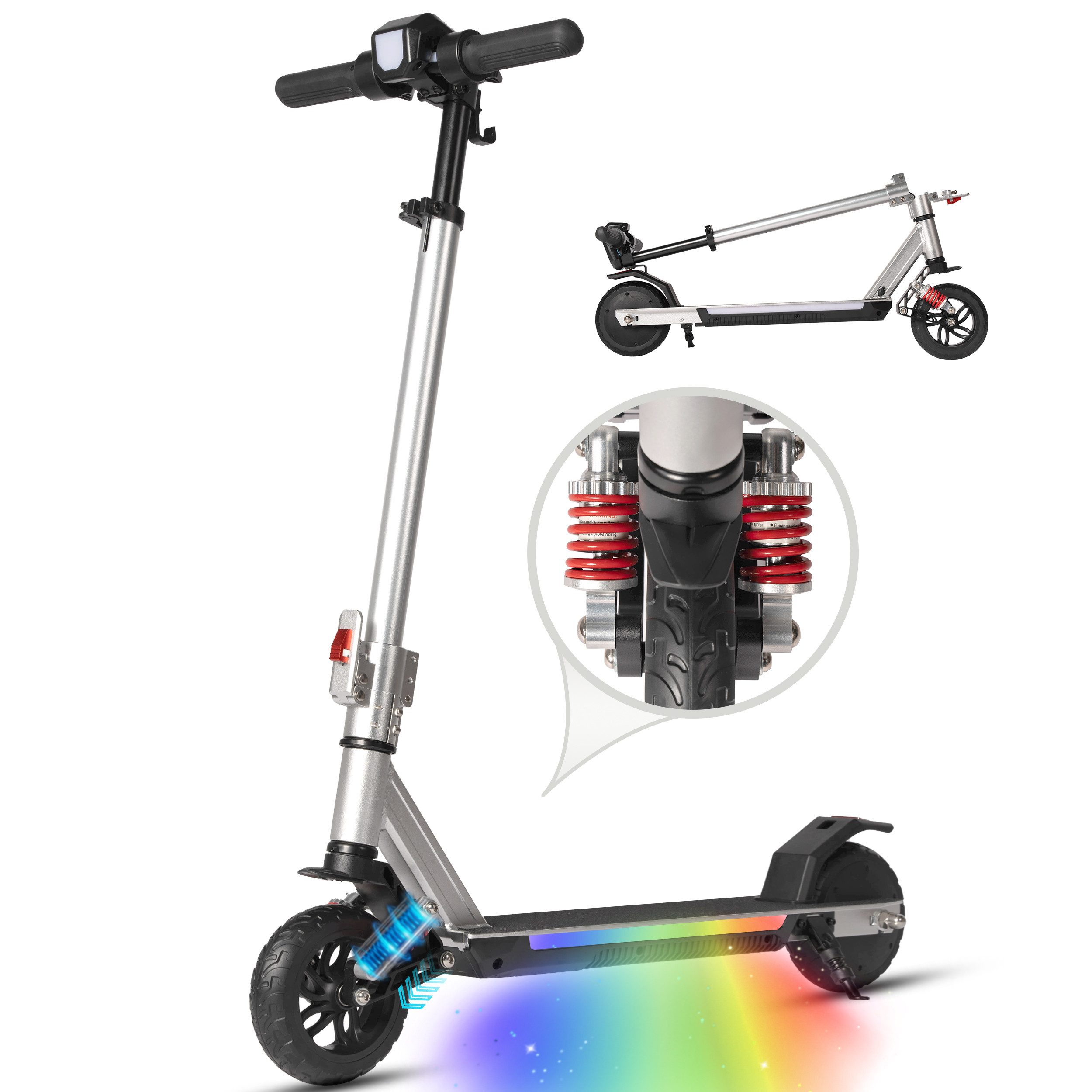 Vankel E-Scooter Kinder ab 10 Jahren, Doppelfederung, klappbar, Bunte Leuchten, 150 W, 14 km/h, (EBS+Fußbremse, höhenverstellbar, Stoßdämpfer vorne und hinten), Elektro Kinderroller, E-Roller, max. 15km, Aluminiumrahmen