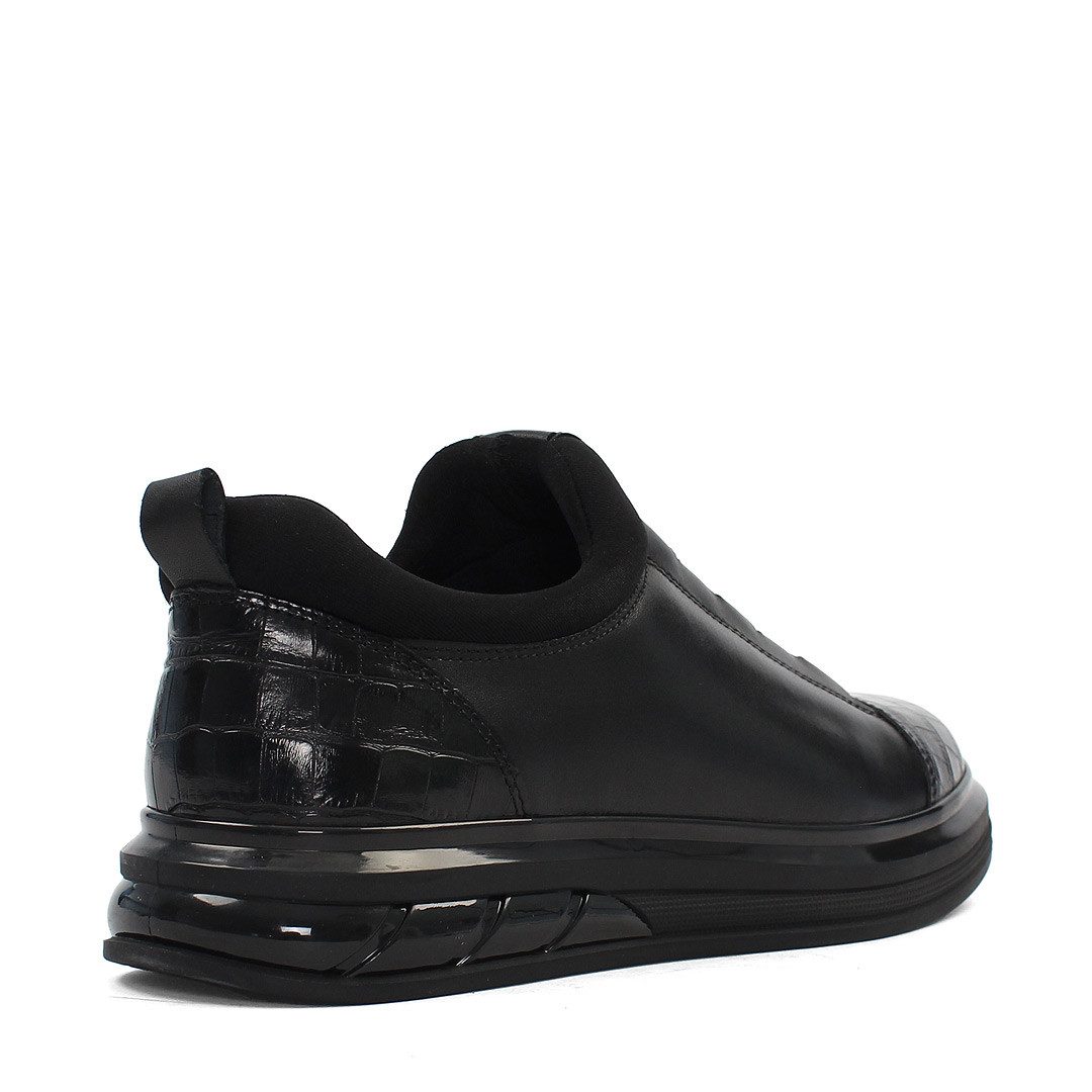 Celal Gültekin Plateausohle Leder Herren Schuhe Elastikschnürung Schwarz Low-Top Sneaker Echtleder, Kroko-Prägung, Schwarz, 43 – Bild 5 von 5
