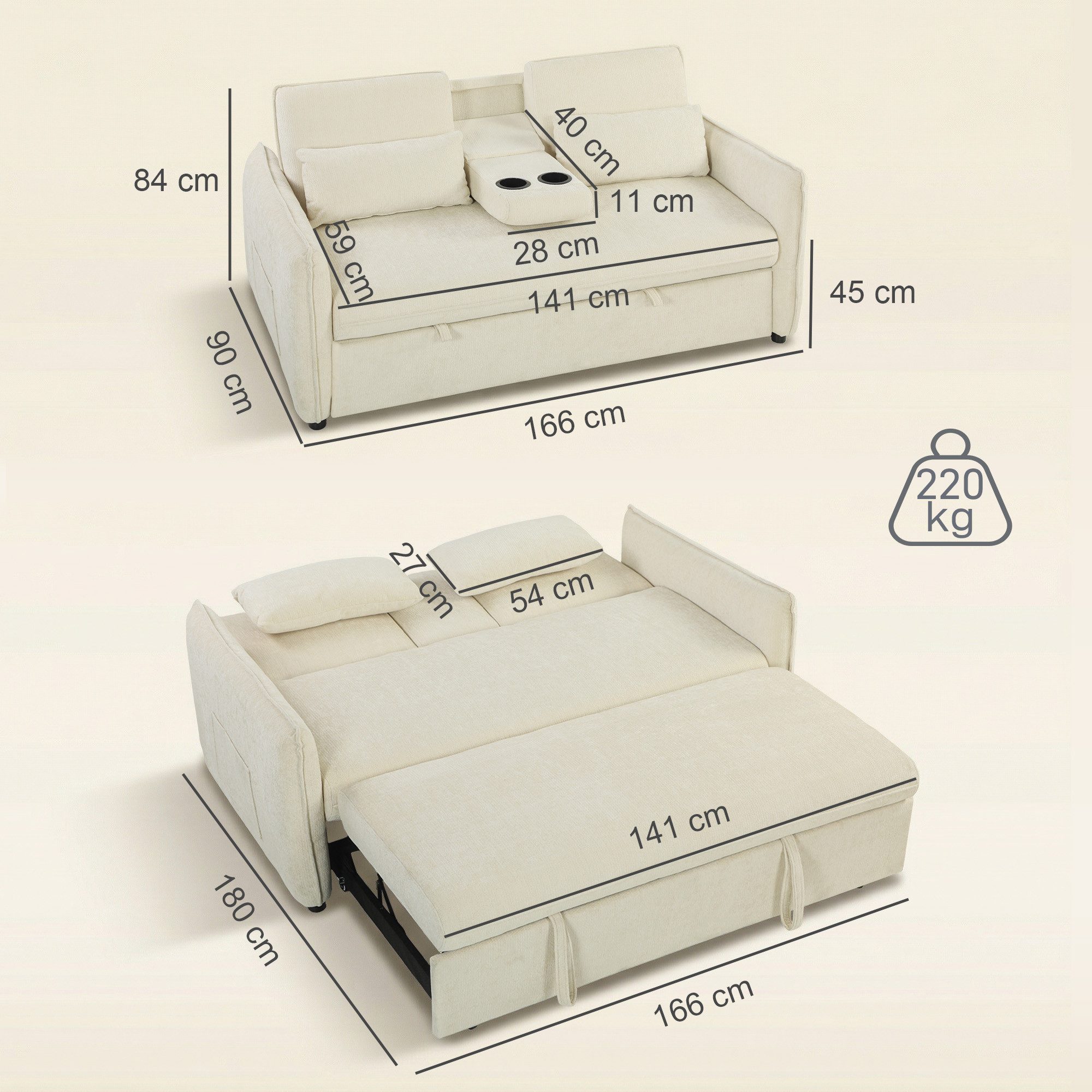 HOMCOM Schlafsofa, Ausziehbar Schlafcouch 1 Teile, für Wohnzimmer, kleinen Raum, Beige