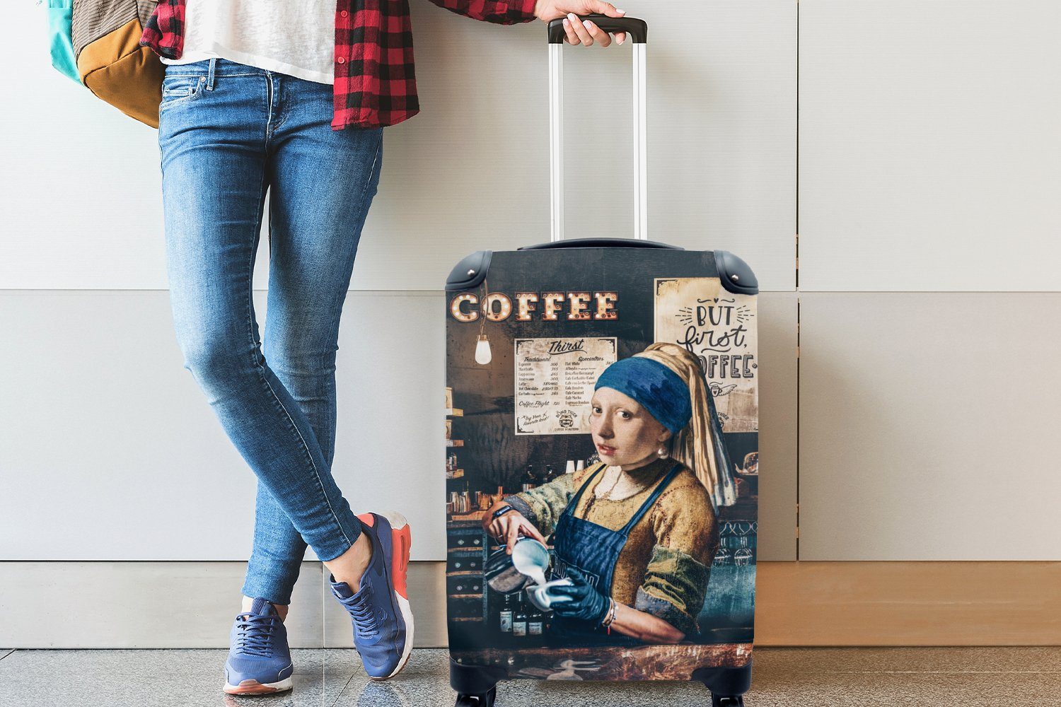 Bearbeitetes Mädchen - Reisekoffer Reisetasche für Handgepäck Ferien, Rollen, - Vermeer MuchoWow mit Barista Handgepäckkoffer - Trolley, 4 Perlenohrring rollen, -, mit Gemälde