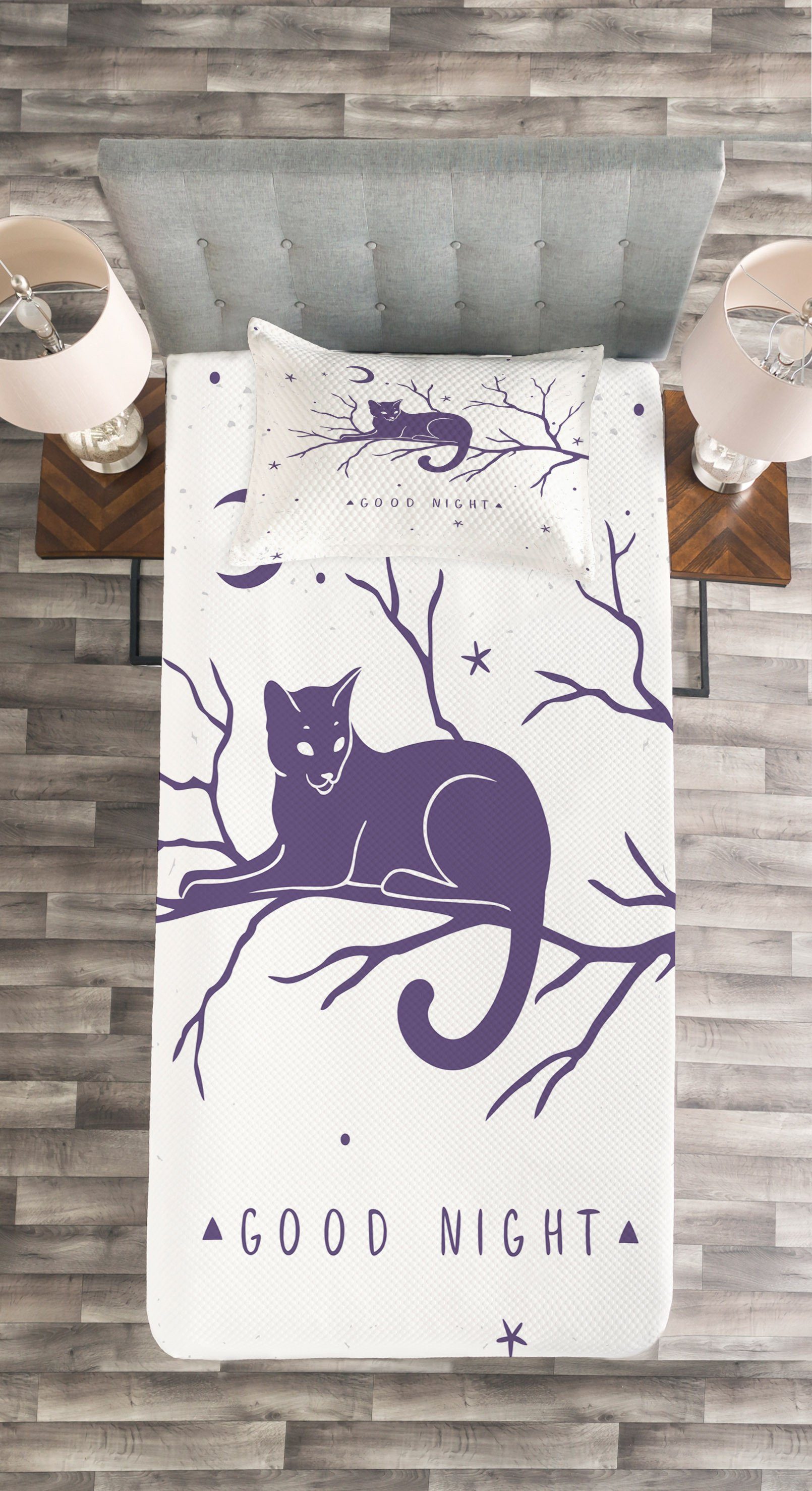 Baum Abakuhaus, einem Gute Nacht Tagesdecke Katze mit Kissenbezügen auf Waschbar, Set sitzt