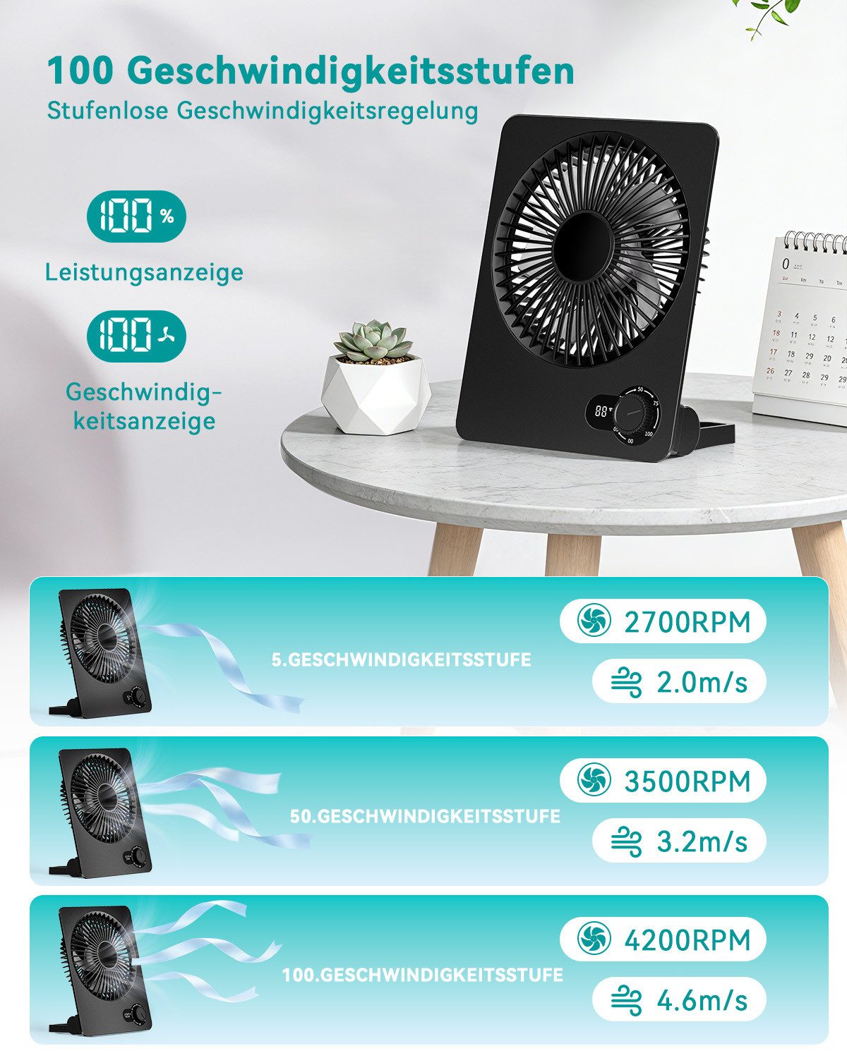 skelo Tischventilator USB Ventilator mit stufenloser Geschwindigkeitsregelung 5–100, 1 cm Durchmesser, LED-Display, 180° verstellbar, faltbar, tragbar, für Büro und Reisen
