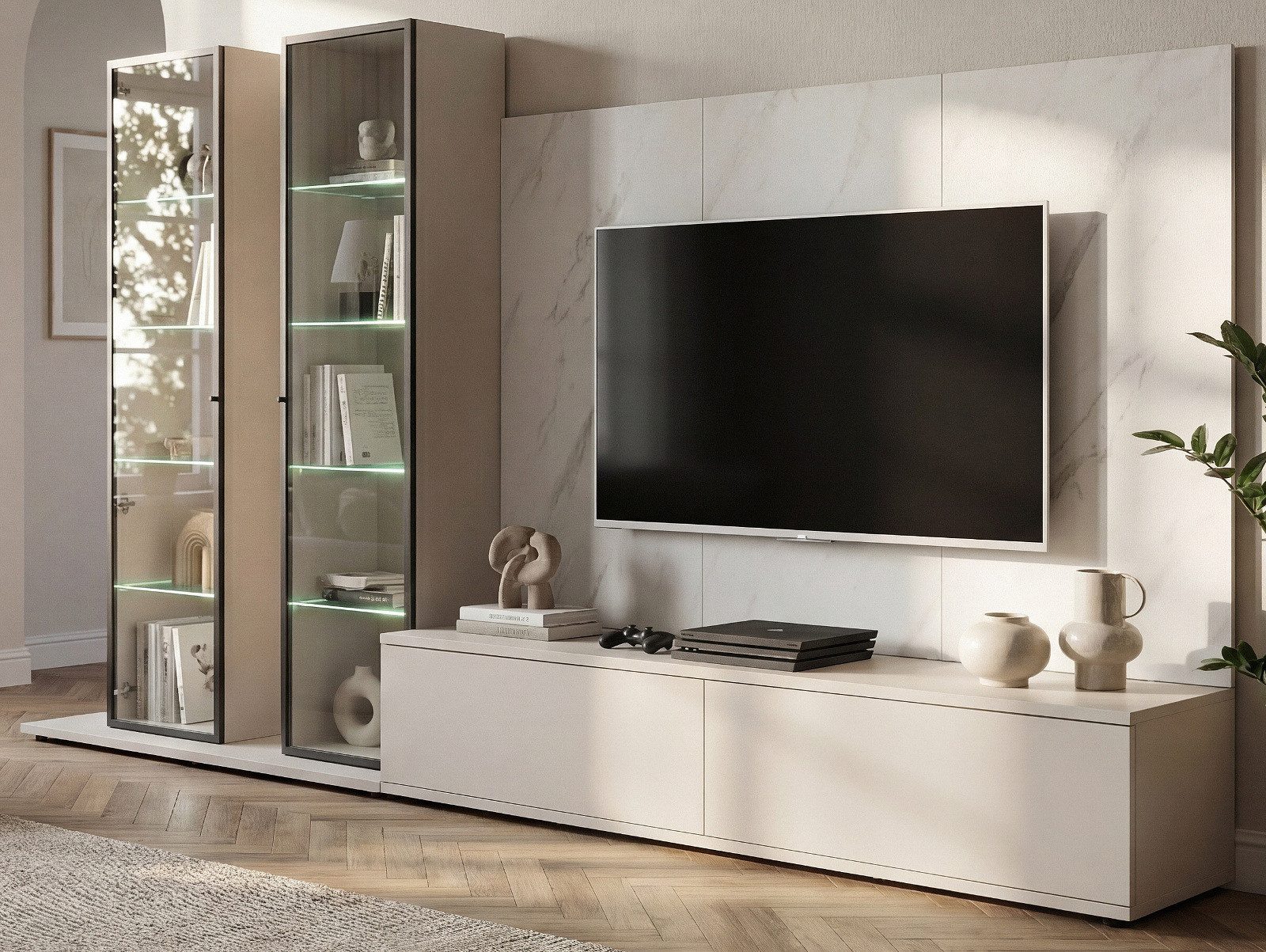 Inn.Furn Wohnwand Charm, (TV Schrankwand in Kaschmir mit Marmor, 4-teilig, 300 x 175 cm), Soft-Close-Funktion, inklusive LED Beleuchtung