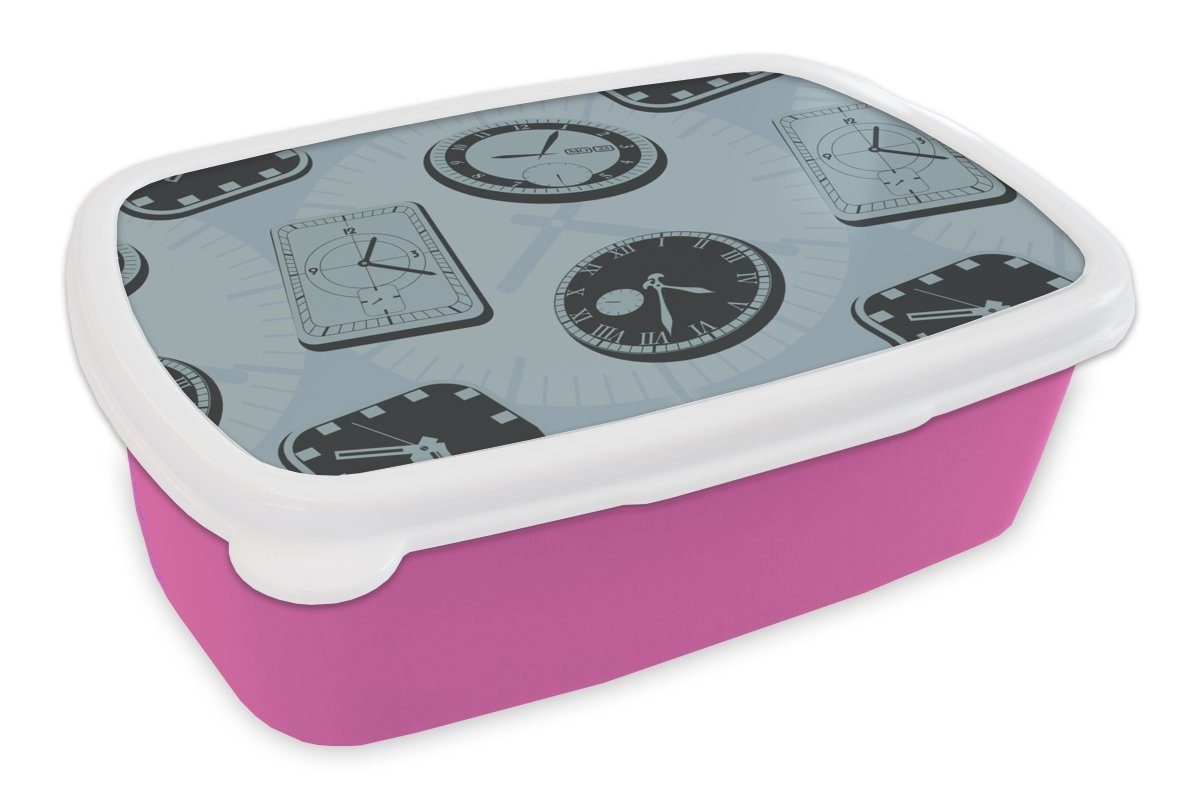 MuchoWow Lunchbox Uhr - Muster - Vintage, Kunststoff, (2-tlg), Brotbox für Erwachsene, Brotdose Kinder, Snackbox, Mädchen, Kunststoff rosa