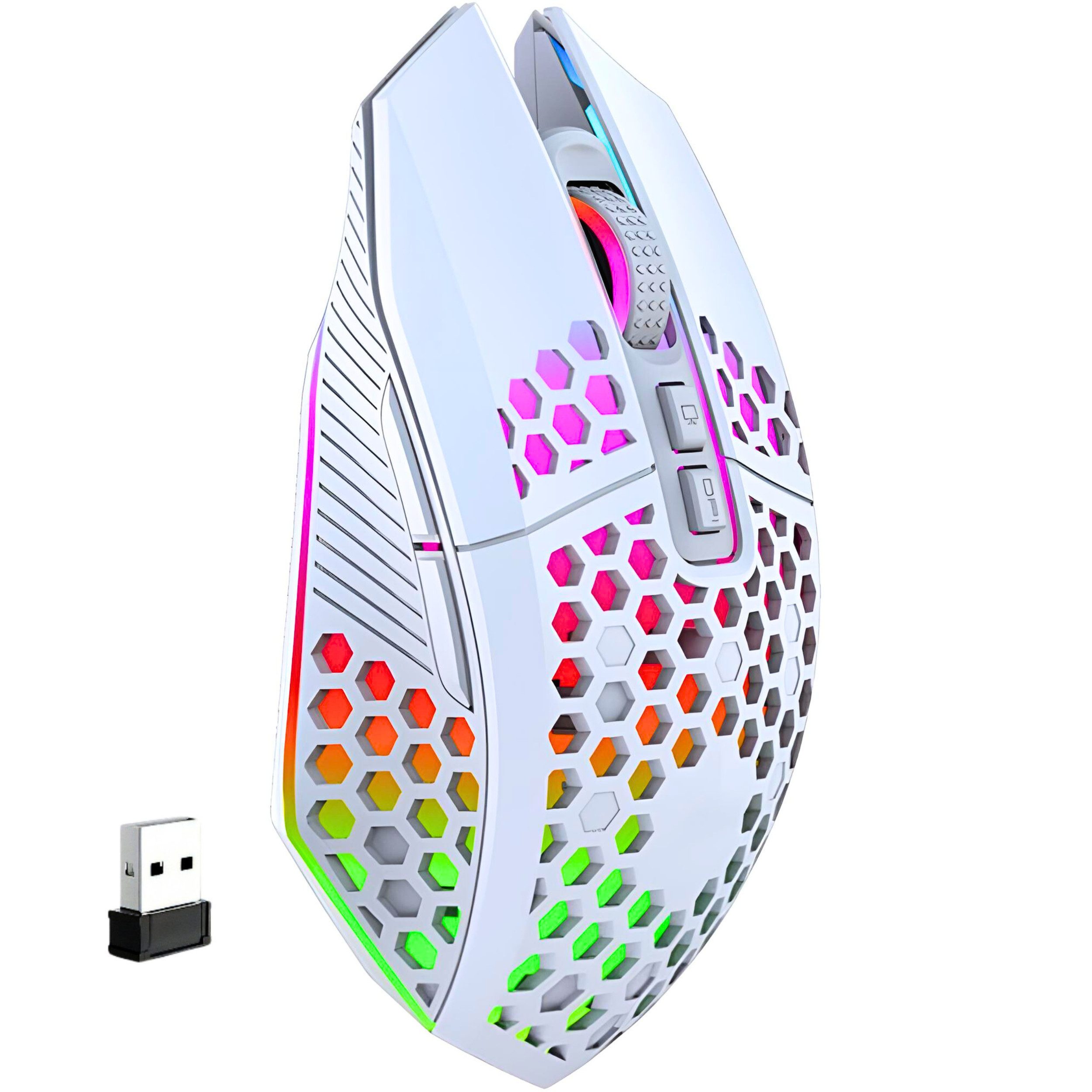 S&T Design RGB Gaming Maus Kabellos Wireless Leise Weiß Schwarz USB Gaming-Maus (Funk, 7 Tasten / Zurück zum Desktop / DPI Einstellbar / PC Laptop)